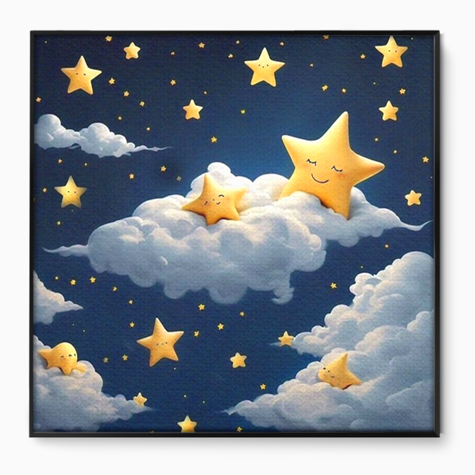 Tablou canvas cu ilustratie cu stelute si norisori, in rama de aluminiu negru