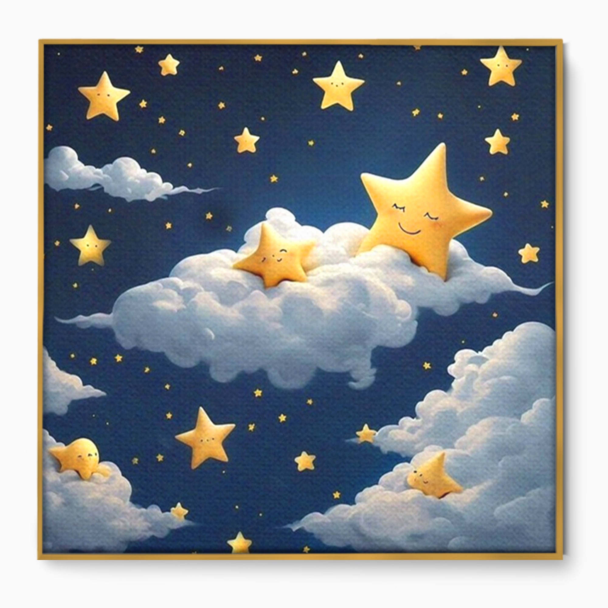 Tablou canvas cu ilustratie cu stelute si norisori, in rama de aluminiu auriu