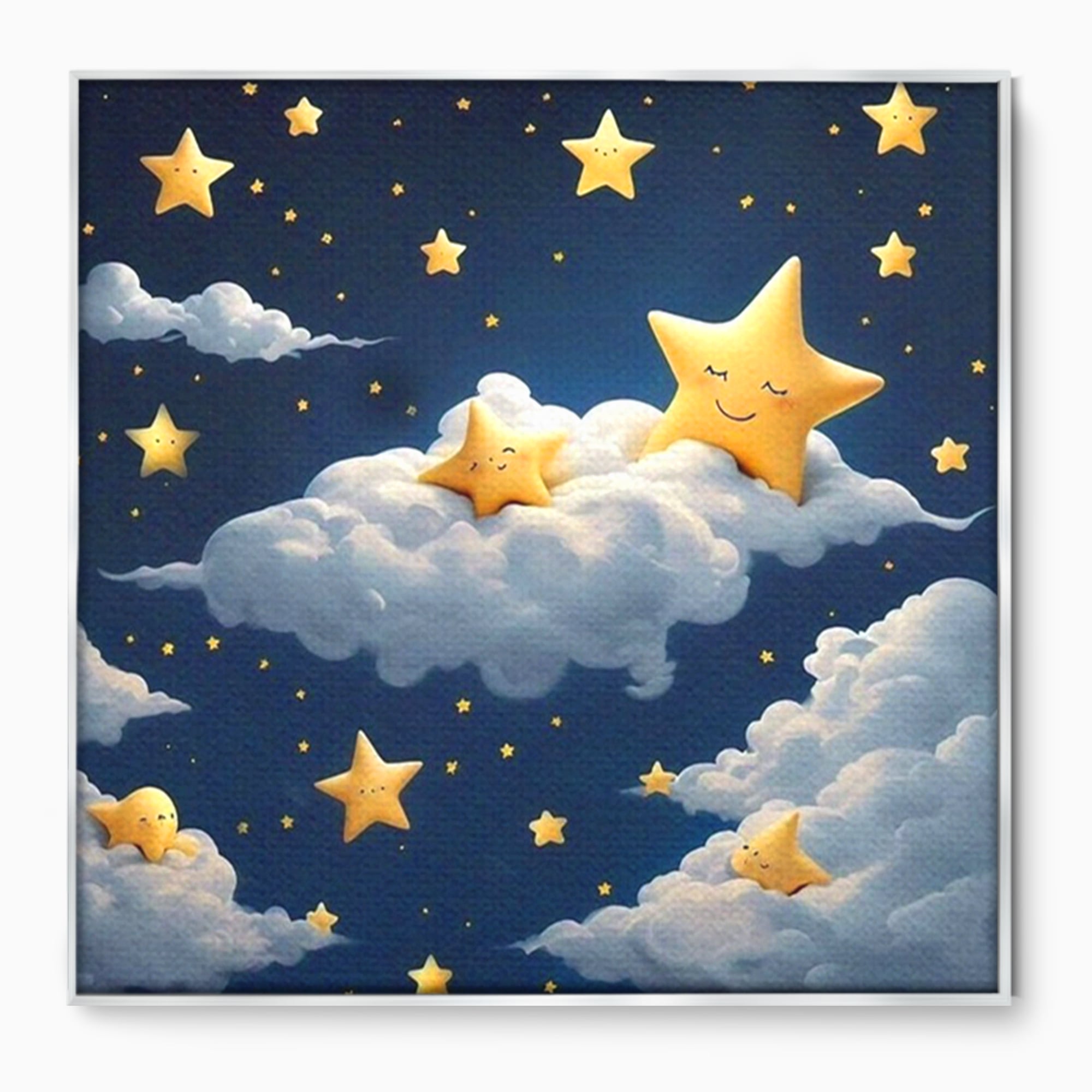 Tablou canvas cu ilustratie cu stelute si norisori, in rama de aluminiu argintiu