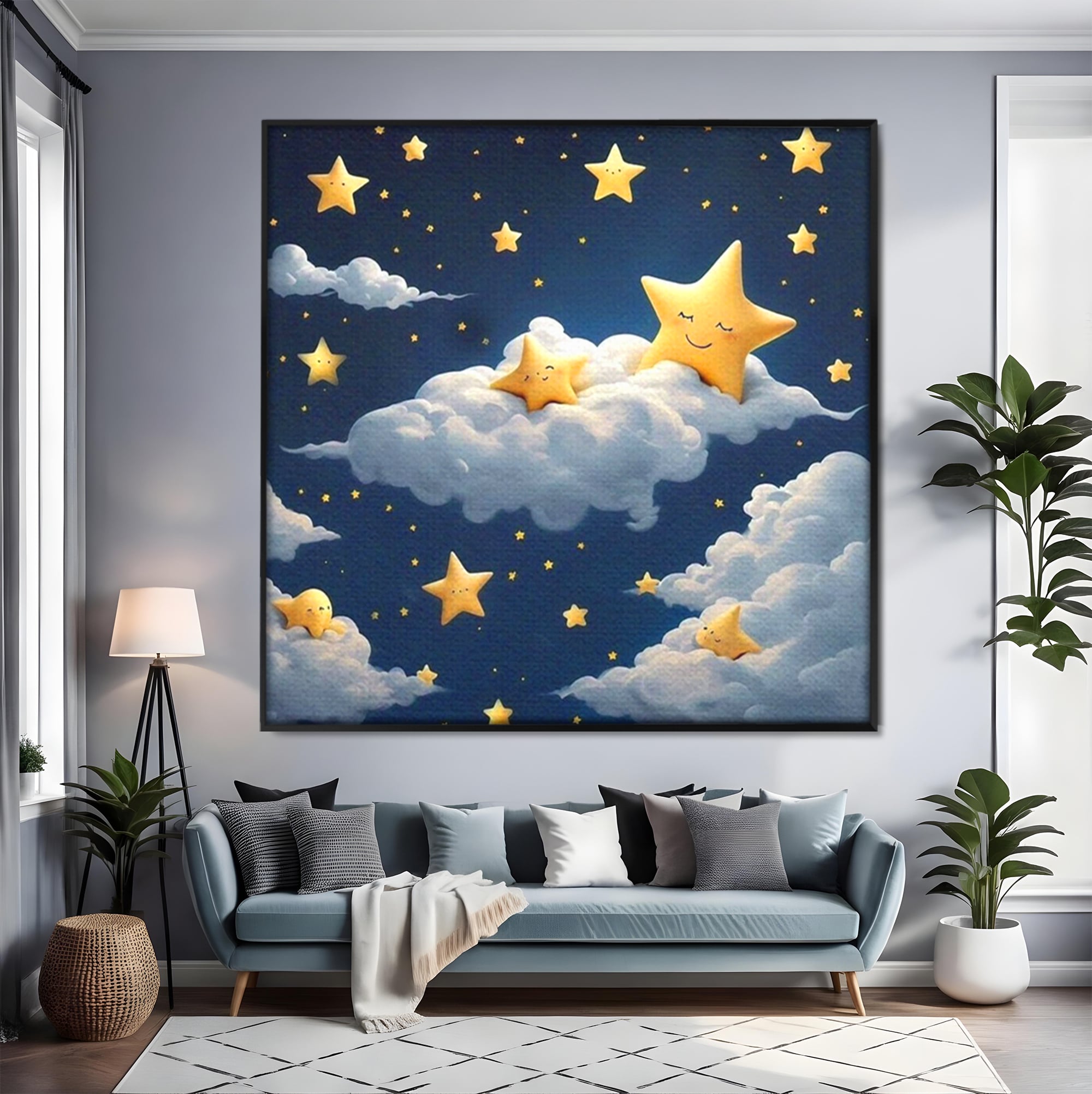 Tablou canvas cu ilustratie cu stelute si norisori, in rama de aluminiu negru, pe perete intr-un living
