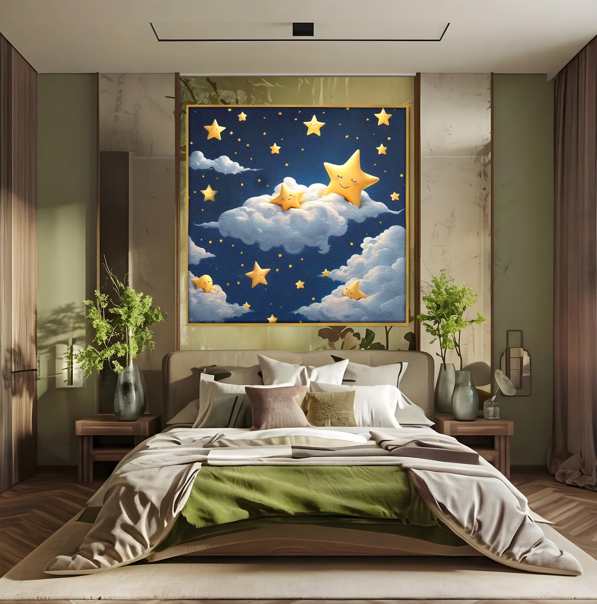 Tablou canvas cu ilustratie cu stelute si norisori, in rama de aluminiu auriu, pe perete intr-un dormitor