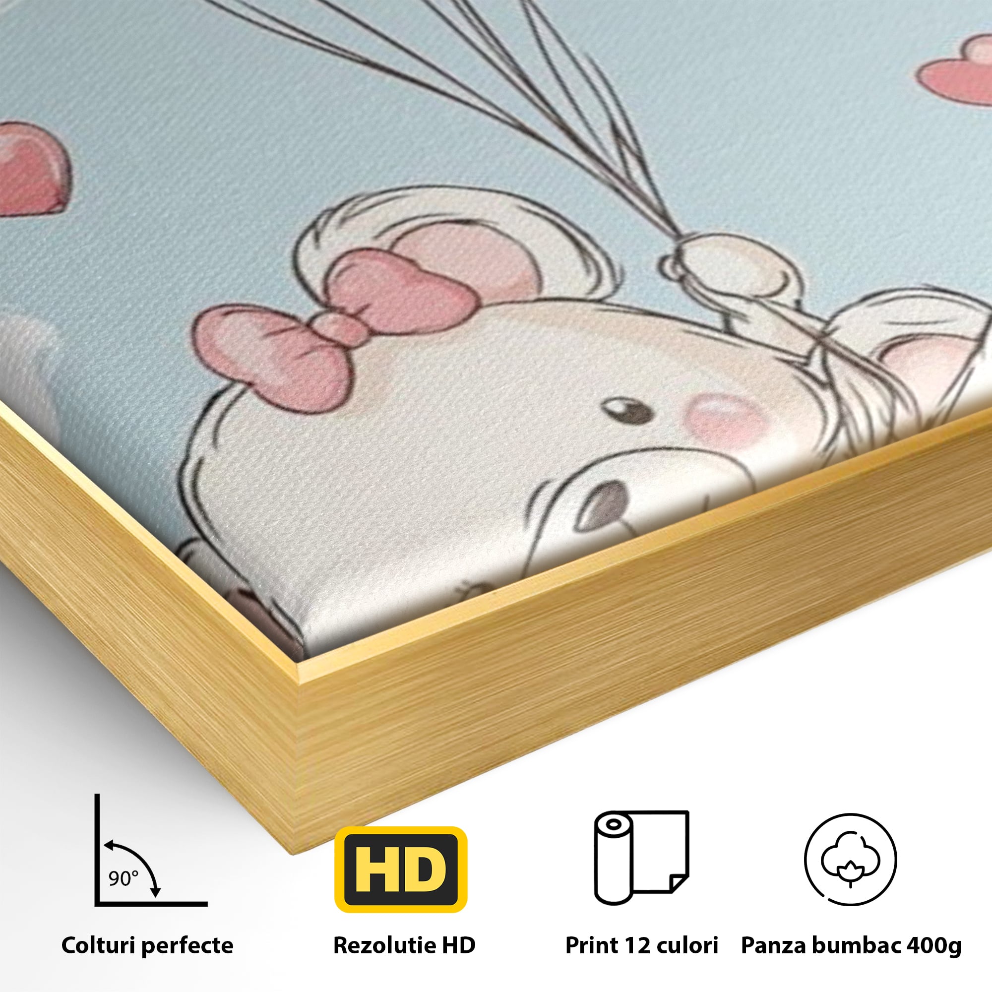 Detaliu al suprafetei: ilustratie cu ursuleti zburand cu baloane, in rama de aluminiu auriu