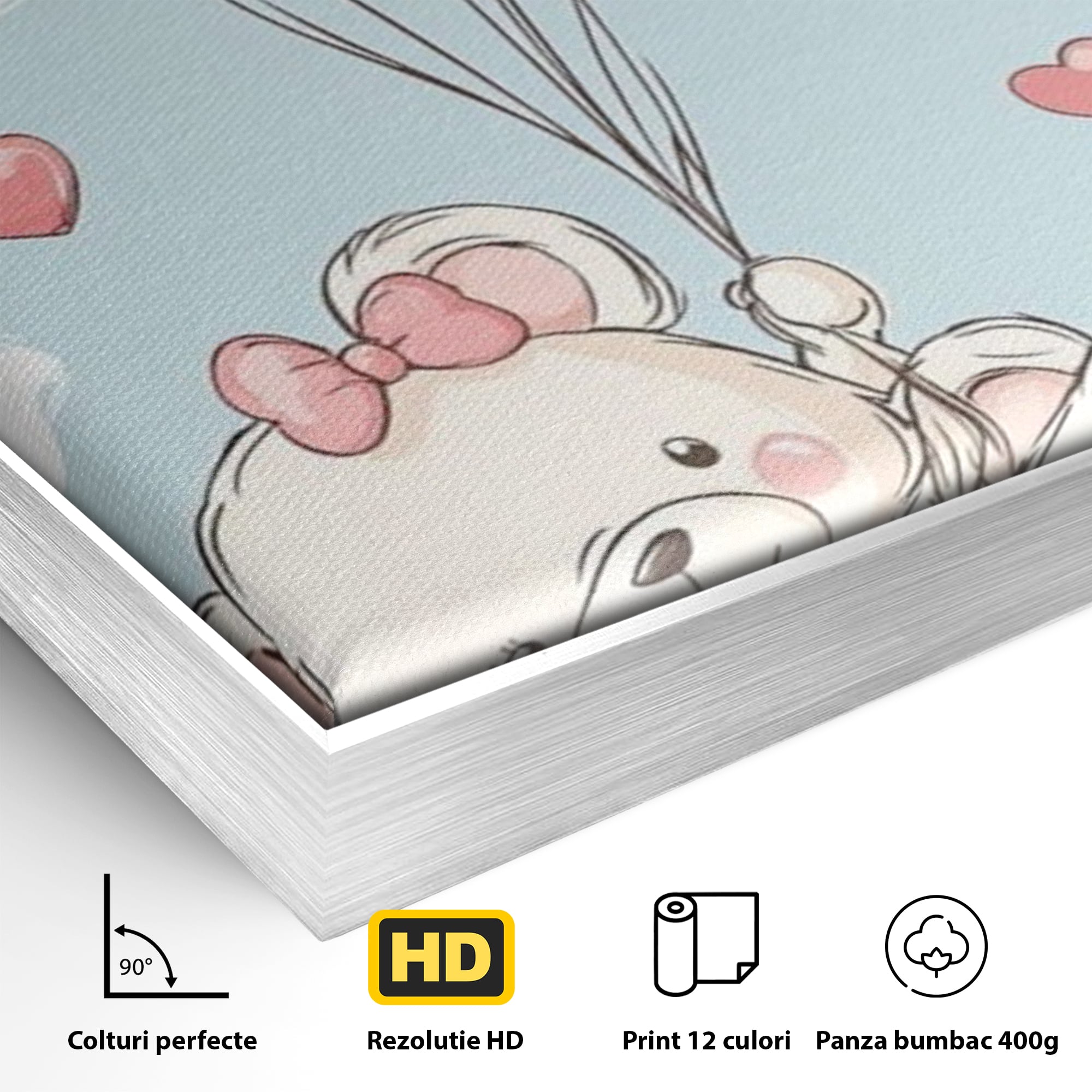 Detaliu al suprafetei: ilustratie cu ursuleti zburand cu baloane, in rama de aluminiu argintiu