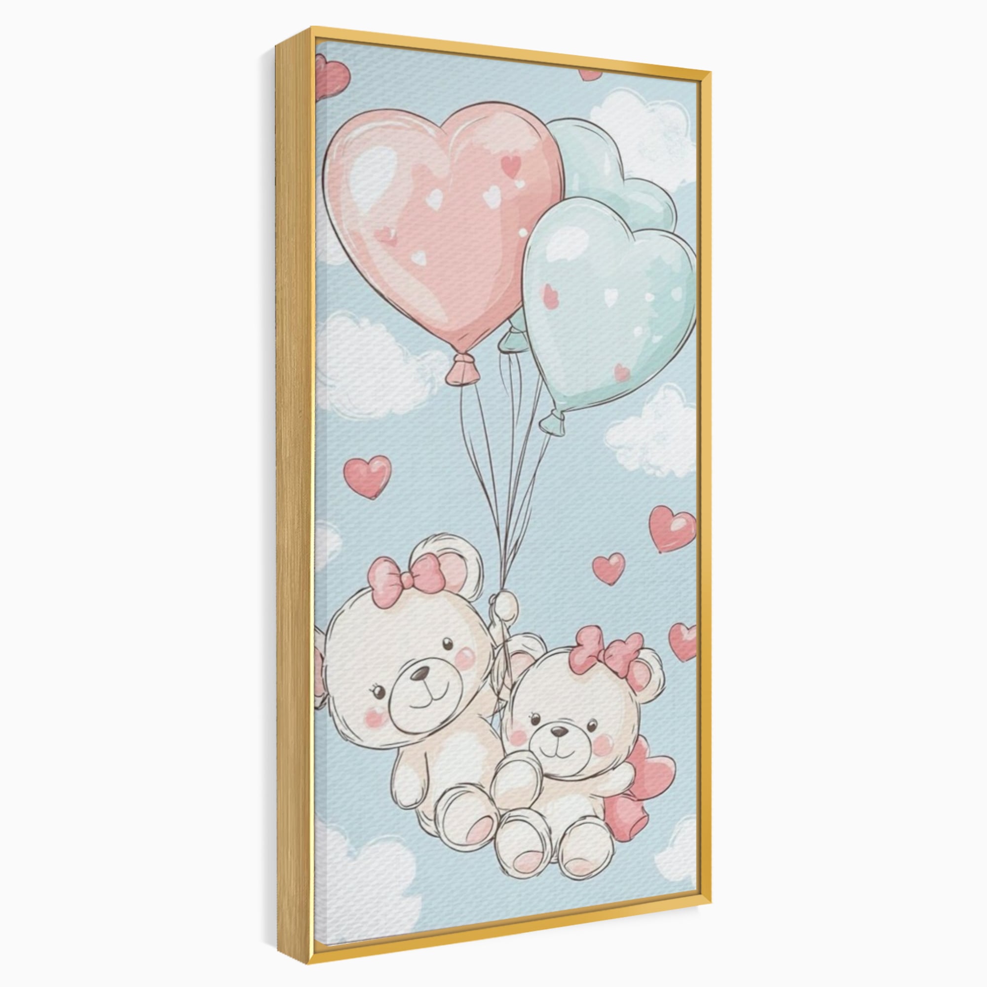 Tablou canvas cu ilustratie cu ursuleti zburand cu baloane, in rama de aluminiu auriu