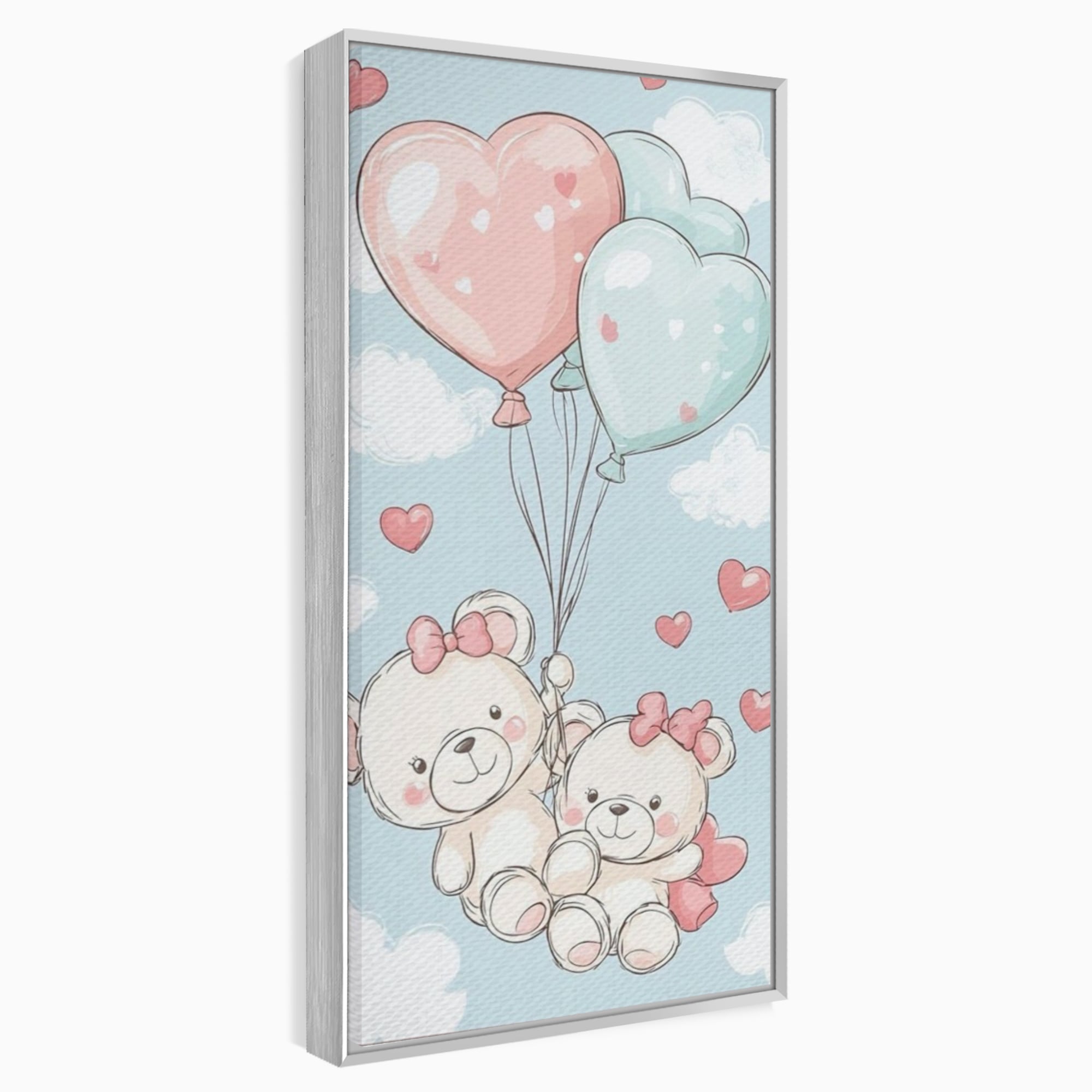Tablou canvas cu ilustratie cu ursuleti zburand cu baloane, in rama de aluminiu argintiu