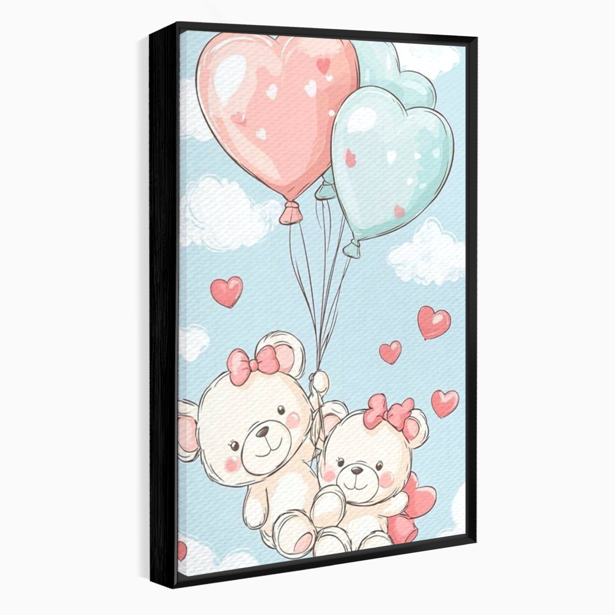 Tablou canvas cu ilustratie cu ursuleti zburand cu baloane, in rama de aluminiu negru