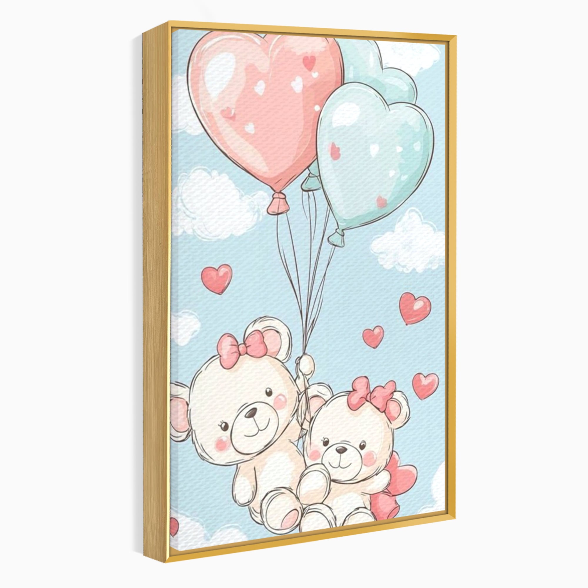 Tablou canvas cu ilustratie cu ursuleti zburand cu baloane, in rama de aluminiu auriu