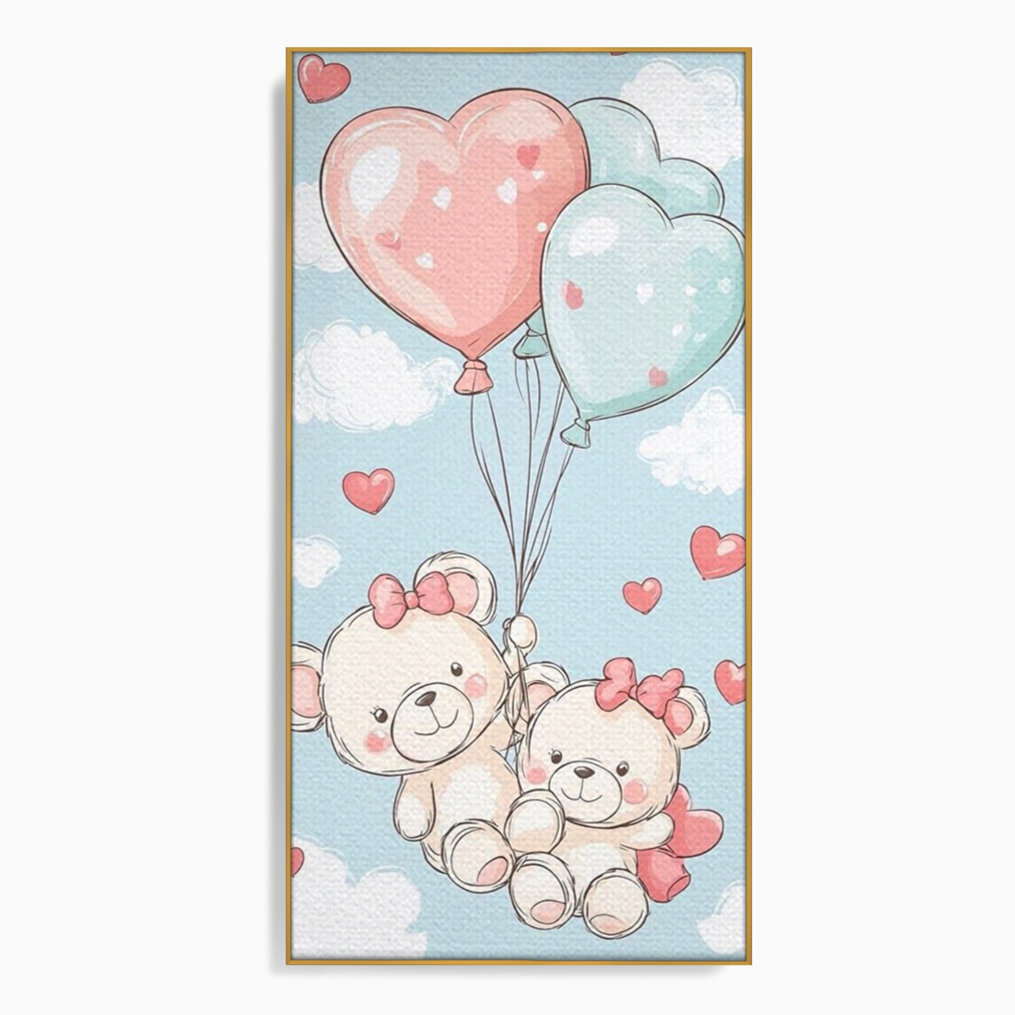 Tablou canvas cu ilustratie cu ursuleti zburand cu baloane, in rama de aluminiu auriu
