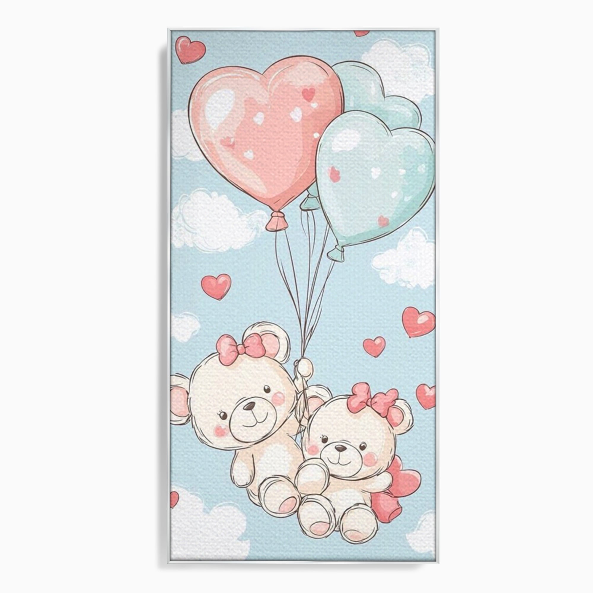 Tablou canvas cu ilustratie cu ursuleti zburand cu baloane, in rama de aluminiu argintiu