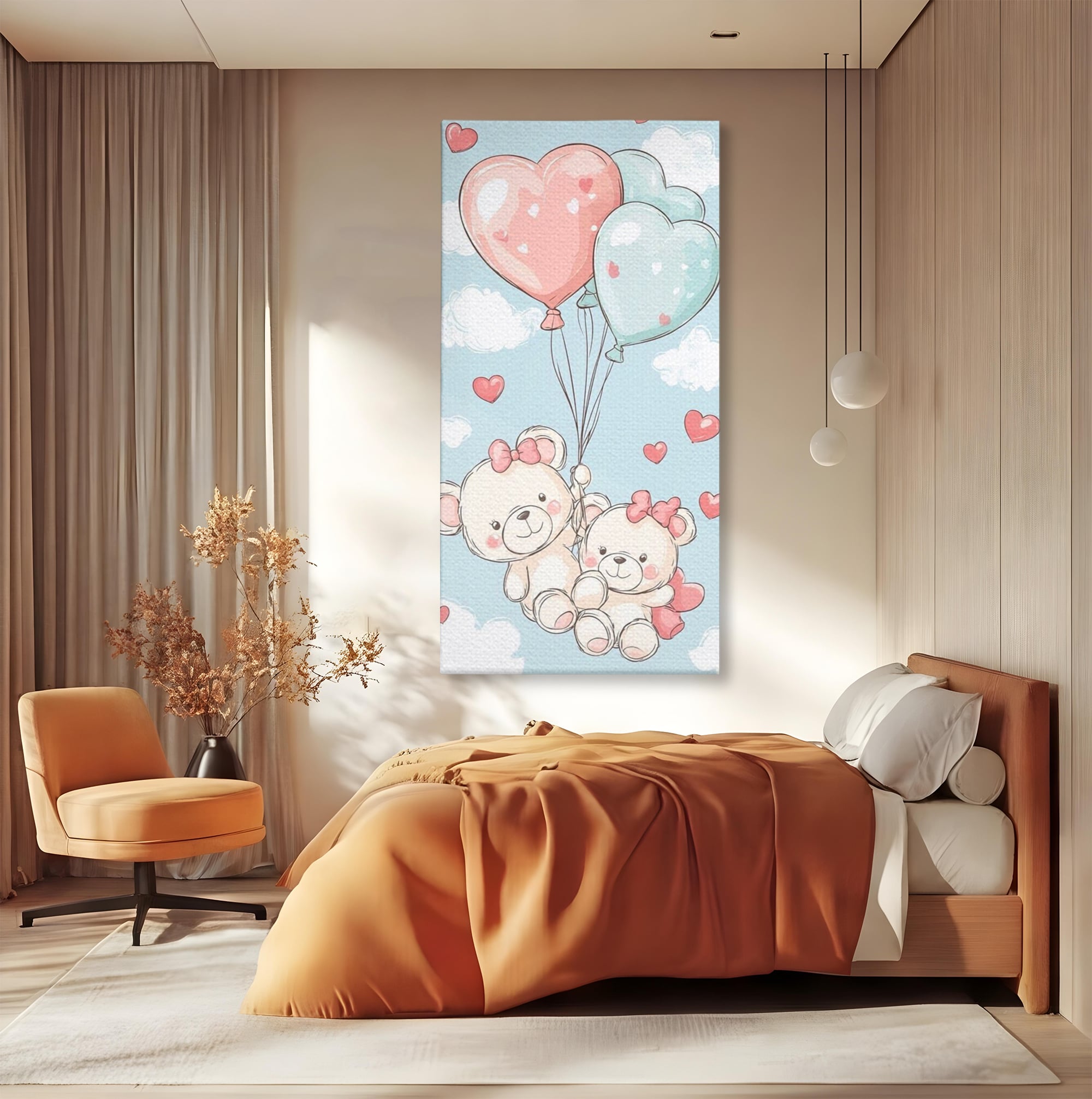Tablou canvas cu ilustratie cu ursuleti zburand cu baloane, fara rama, pe sasiu de lemn, pe perete intr-un dormitor