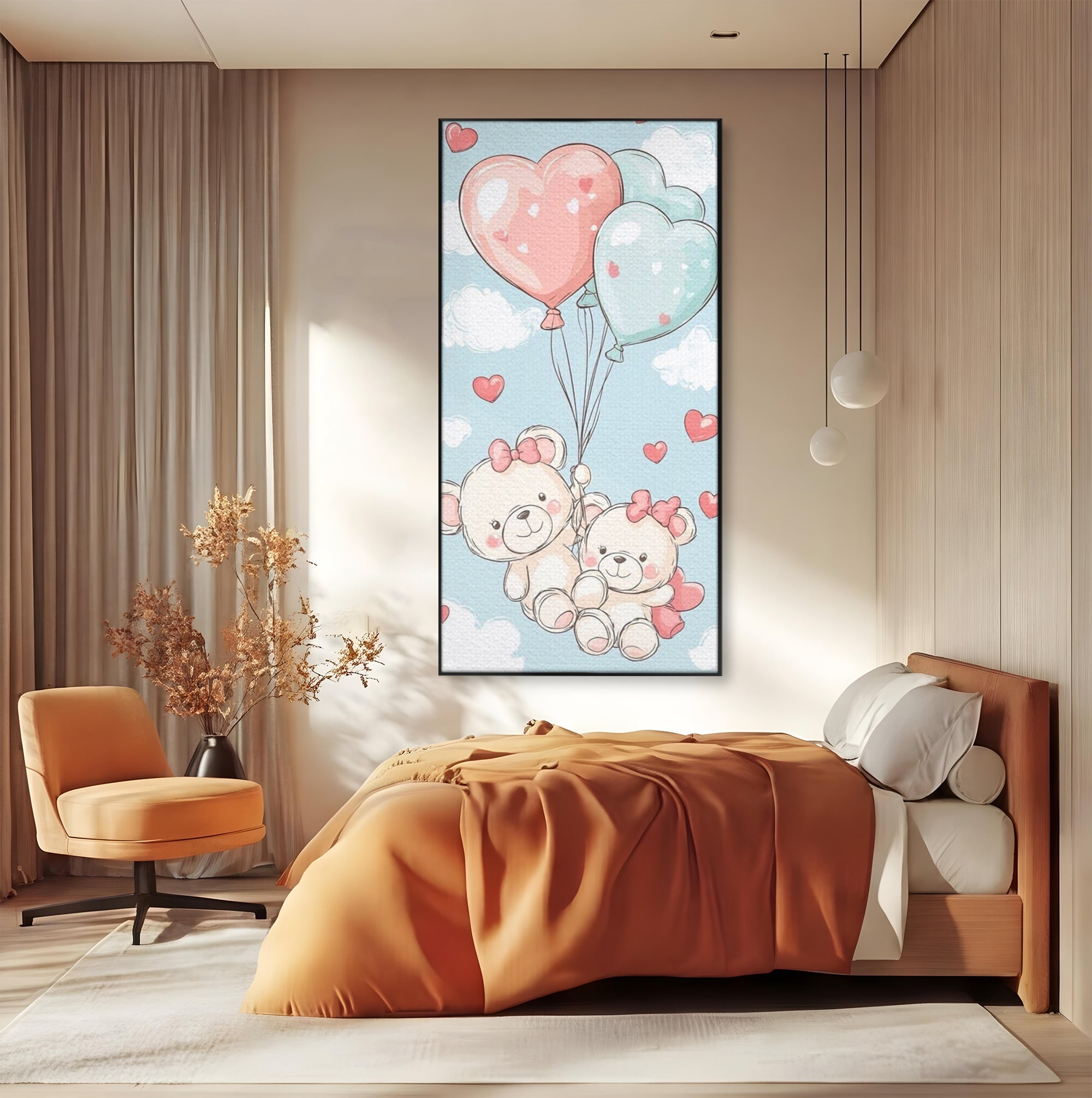 Tablou canvas cu ilustratie cu ursuleti zburand cu baloane, in rama de aluminiu negru, pe perete intr-un dormitor