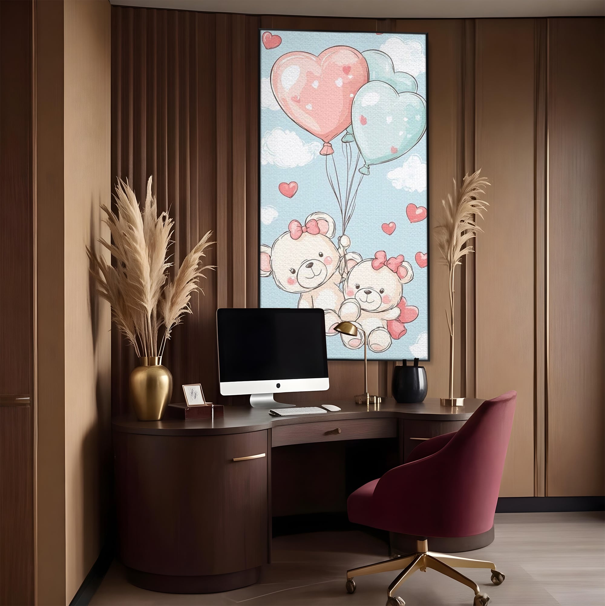 Tablou canvas cu ilustratie cu ursuleti zburand cu baloane, in rama de aluminiu negru, pe perete intr-un birou