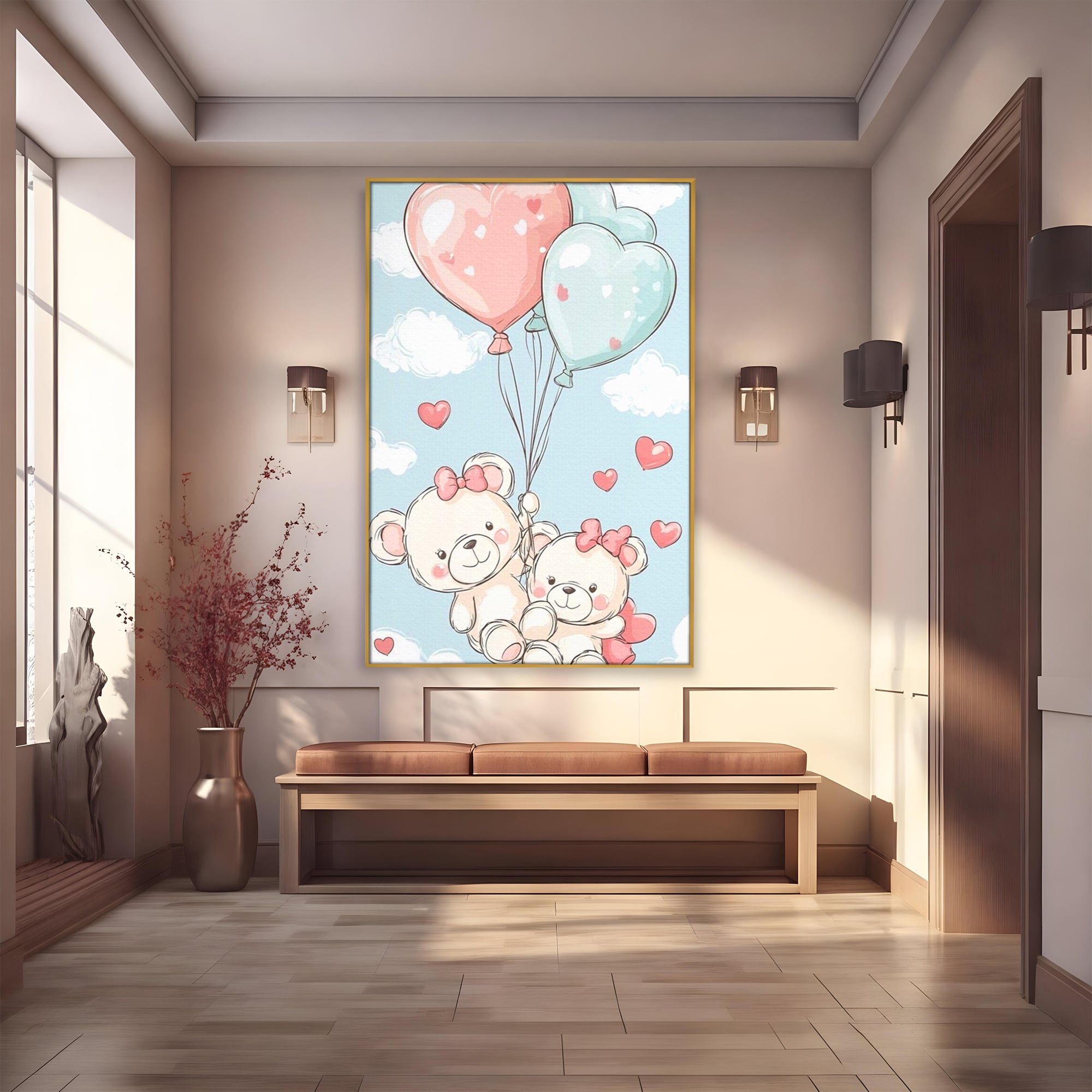 Tablou canvas cu ilustratie cu ursuleti zburand cu baloane, in rama de aluminiu auriu