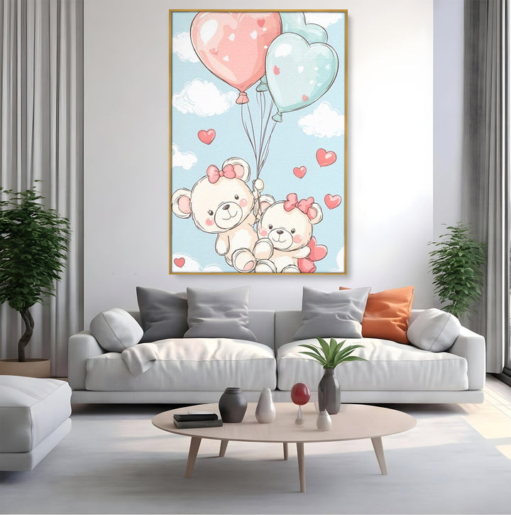 Tablou canvas cu ilustratie cu ursuleti zburand cu baloane, in rama de aluminiu auriu, pe perete intr-un living