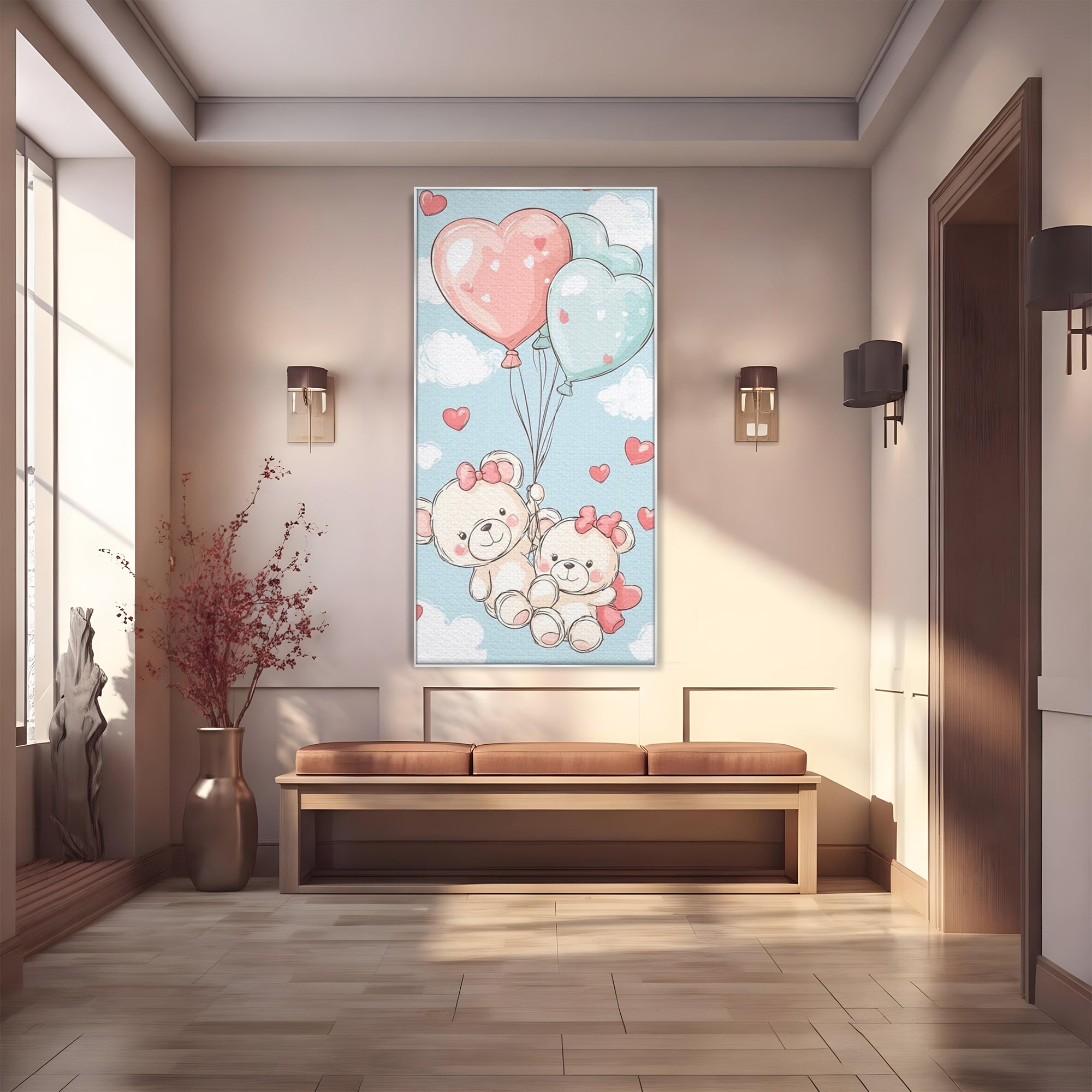 Tablou canvas cu ilustratie cu ursuleti zburand cu baloane, in rama de aluminiu argintiu