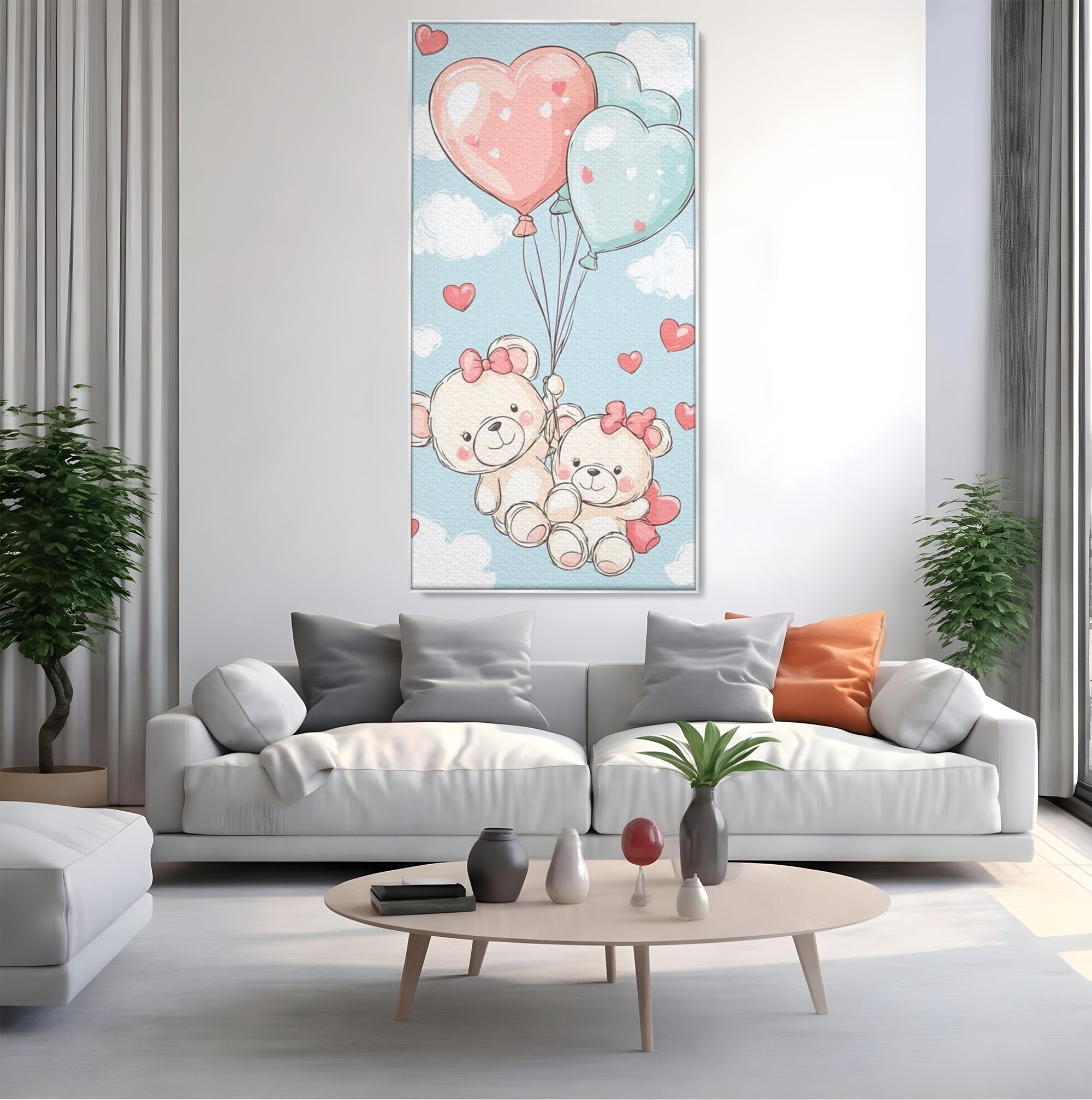Tablou canvas cu ilustratie cu ursuleti zburand cu baloane, in rama de aluminiu argintiu, pe perete intr-un living