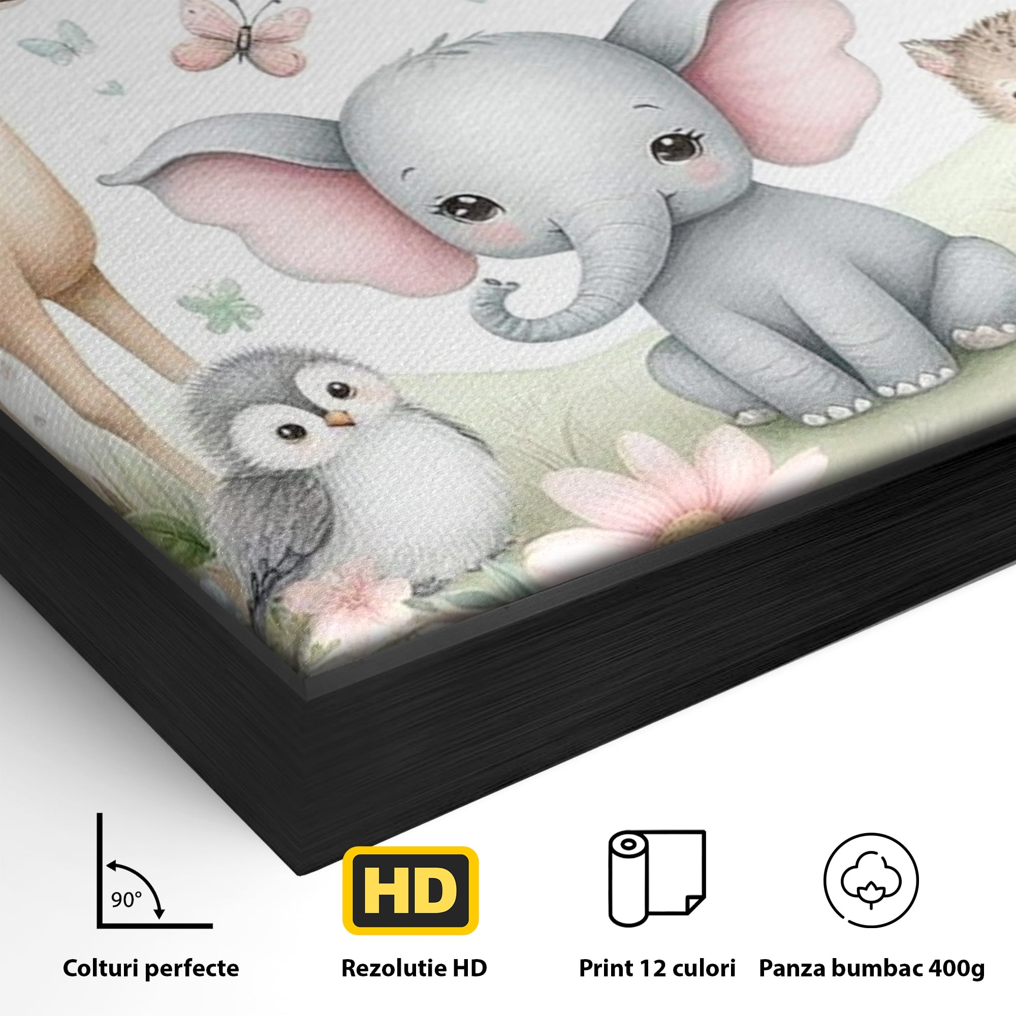 Detaliu al suprafetei: tablou canvas cu animale si flori, in rama de aluminiu negru