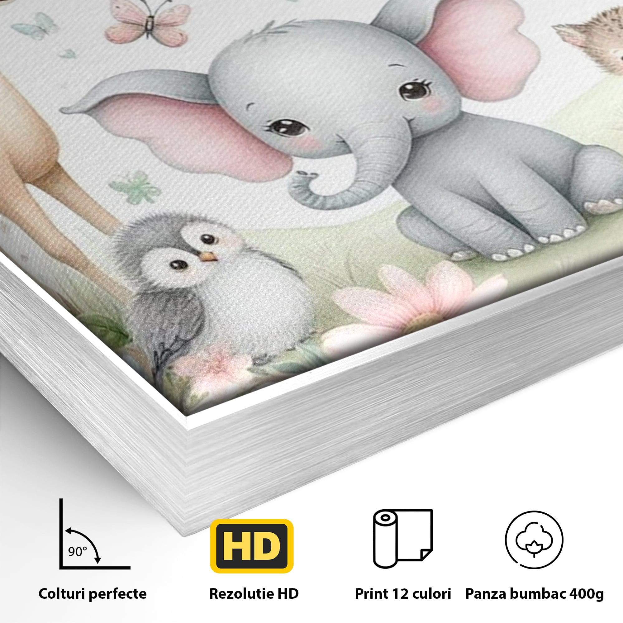 Detaliu al suprafetei: tablou canvas cu animale si flori, in rama de aluminiu argintiu