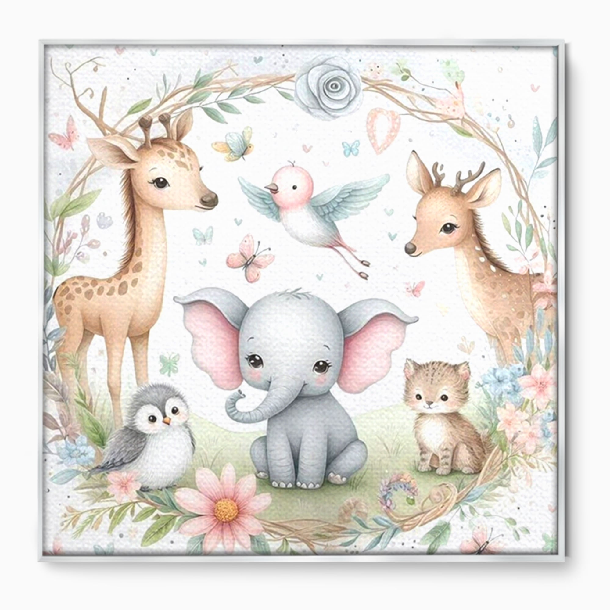 Tablou canvas cu tablou canvas cu animale si flori, in rama de aluminiu argintiu