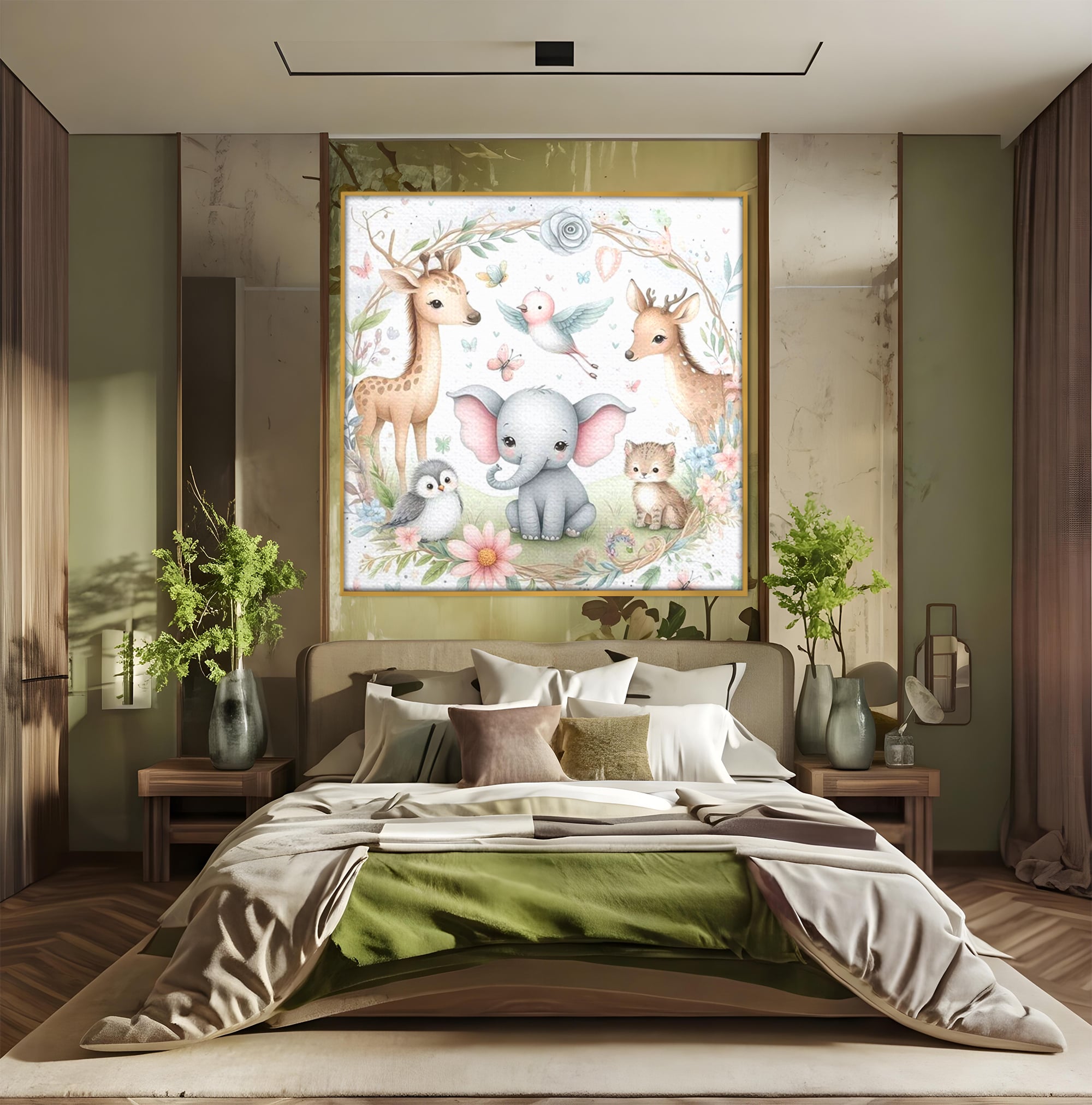 Tablou canvas cu tablou canvas cu animale si flori, in rama de aluminiu auriu, pe perete intr-un dormitor
