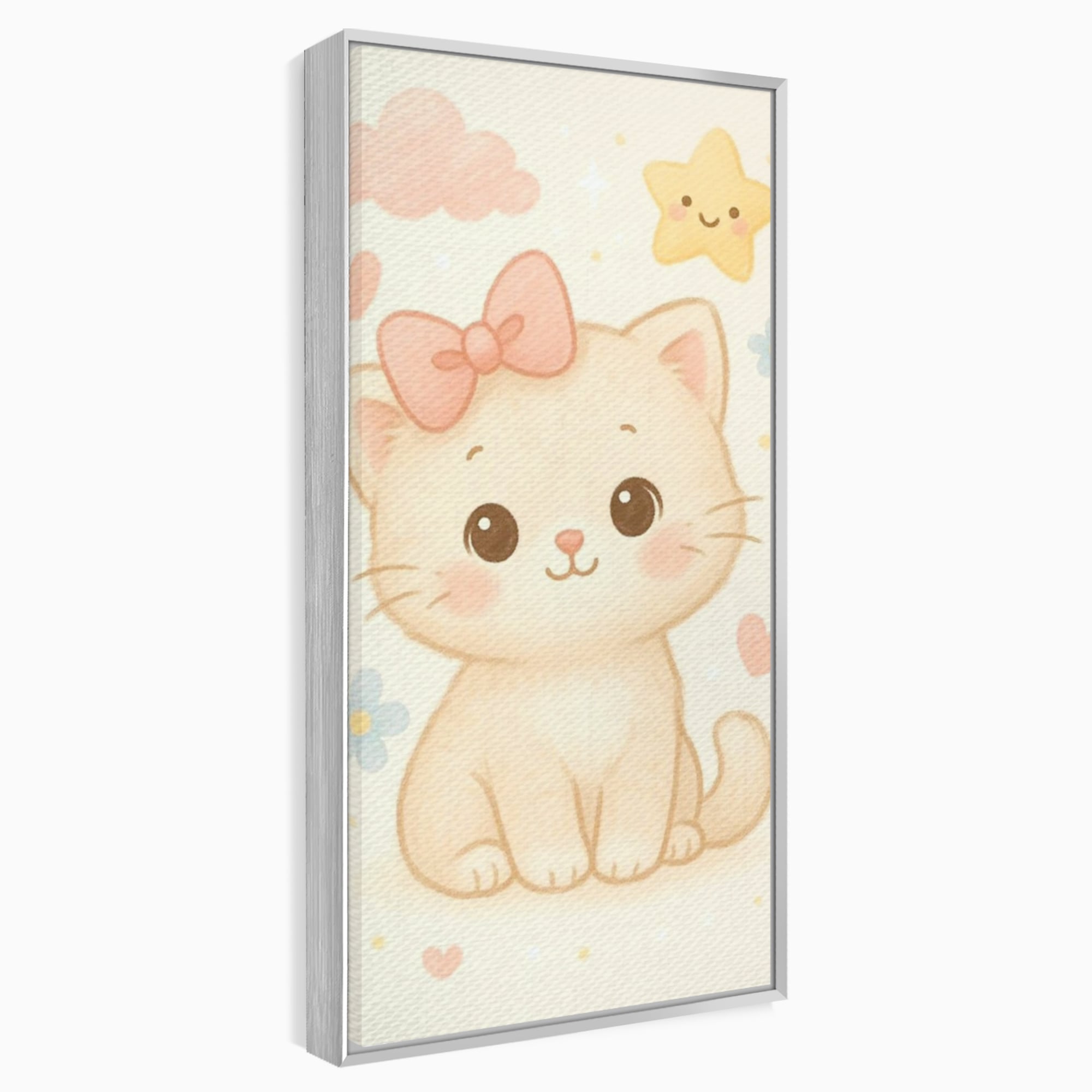 Tablou canvas cu ilustratie cu pisicuta roz si steluta, in rama de aluminiu argintiu