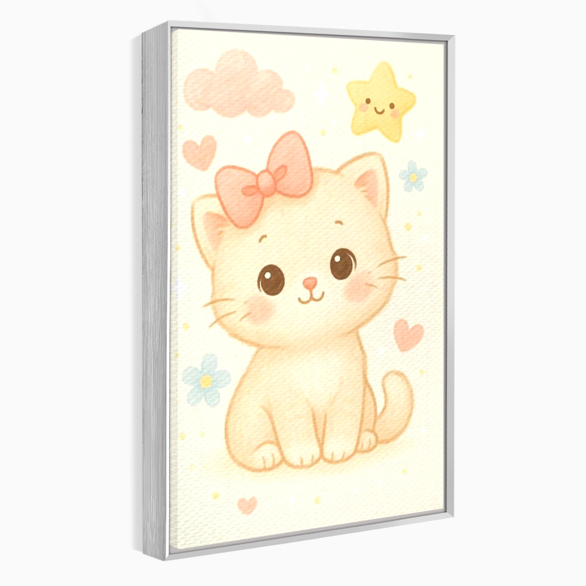 Tablou canvas cu ilustratie cu pisicuta roz si steluta, in rama de aluminiu argintiu
