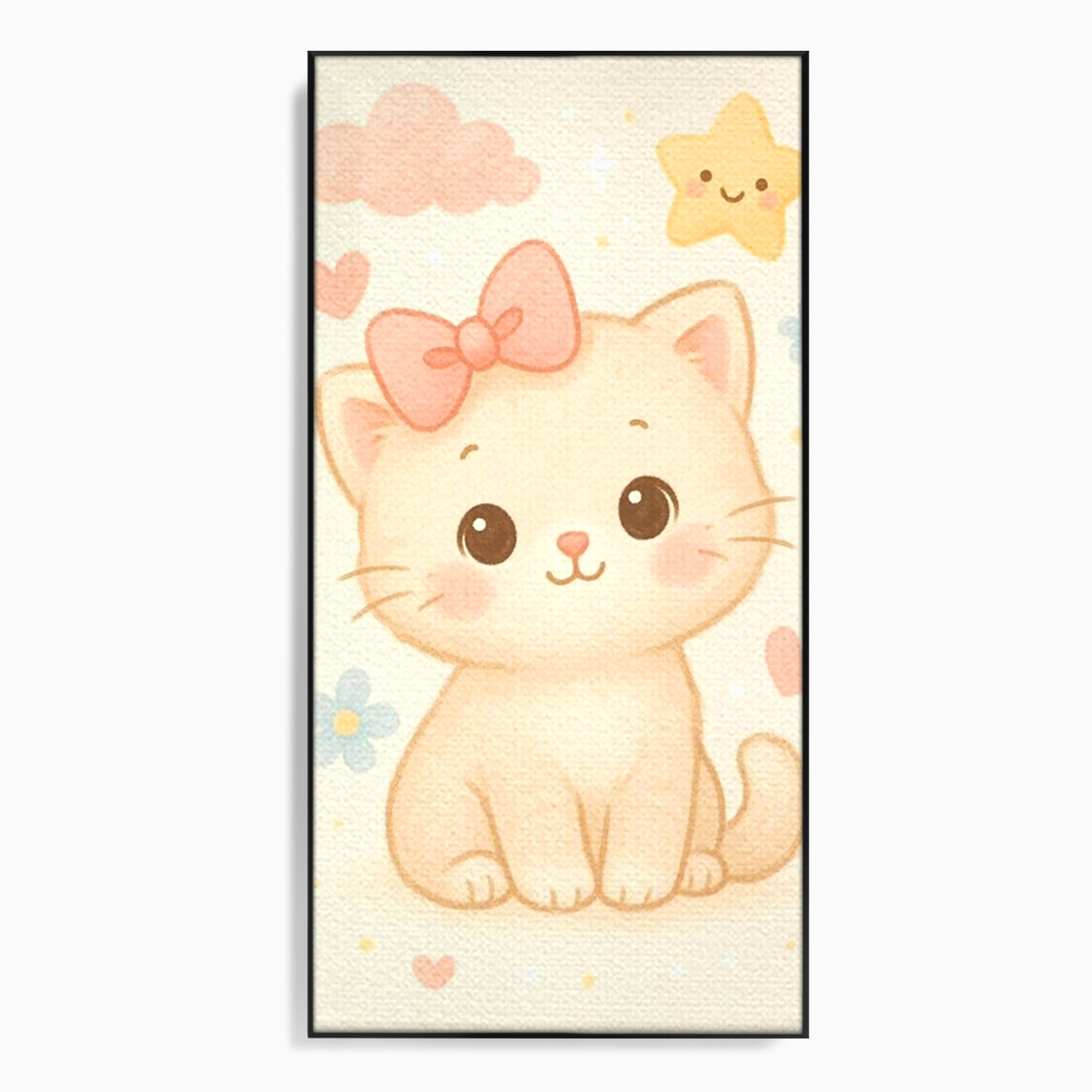 Tablou canvas cu ilustratie cu pisicuta roz si steluta, in rama de aluminiu negru