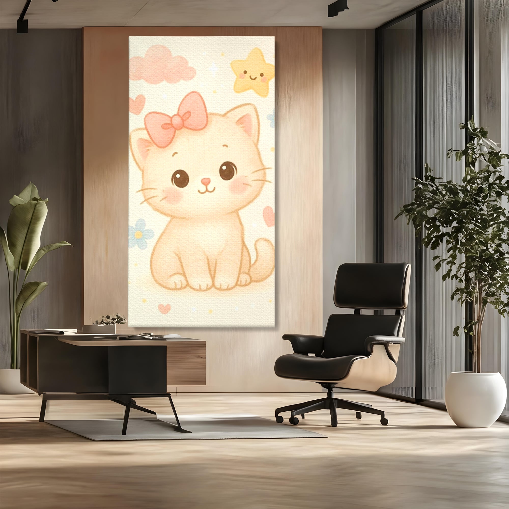 Tablou canvas cu ilustratie cu pisicuta roz si steluta, fara rama, pe sasiu de lemn, pe perete intr-un birou