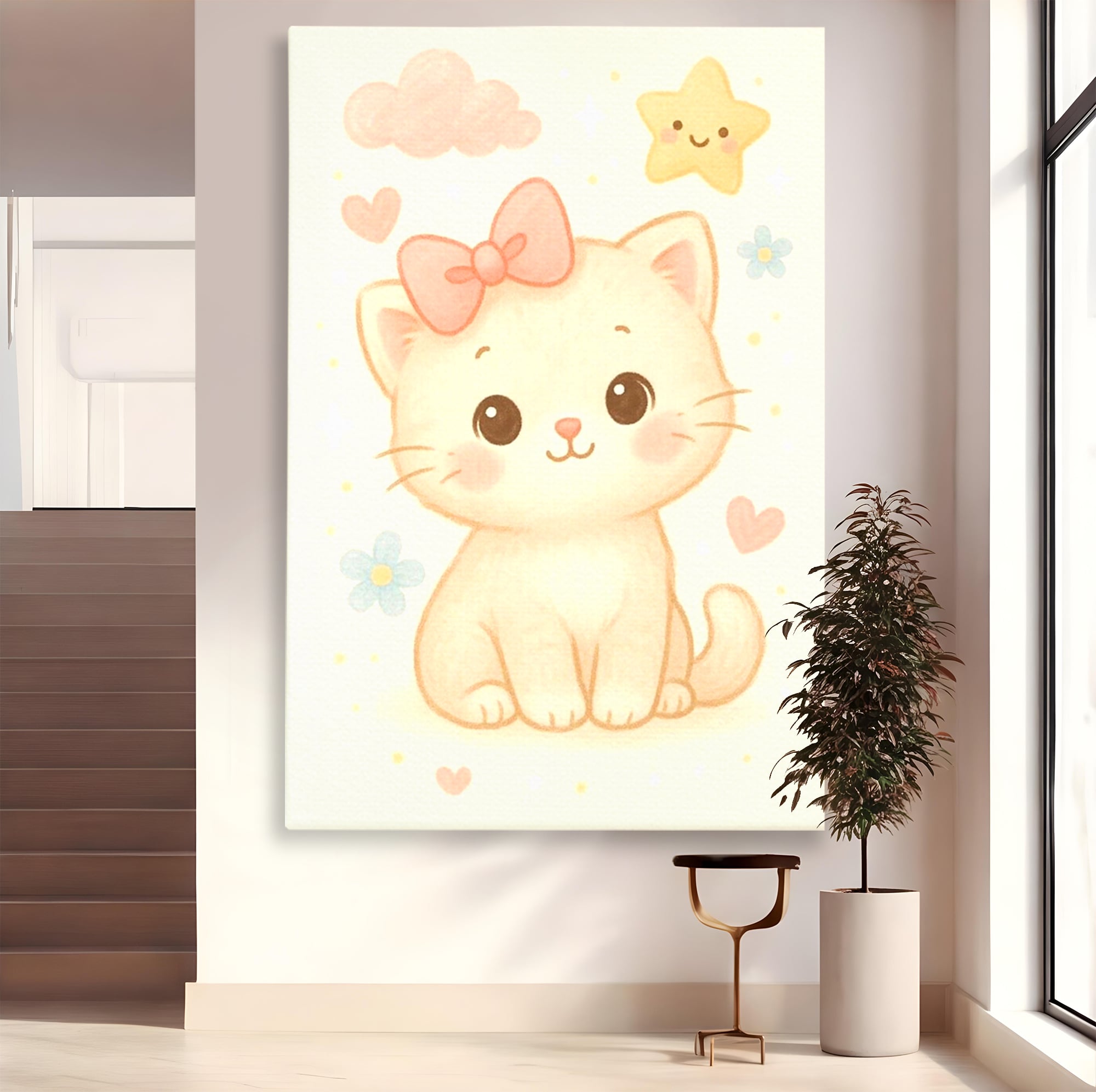 Tablou canvas cu ilustratie cu pisicuta roz si steluta, fara rama, pe sasiu de lemn