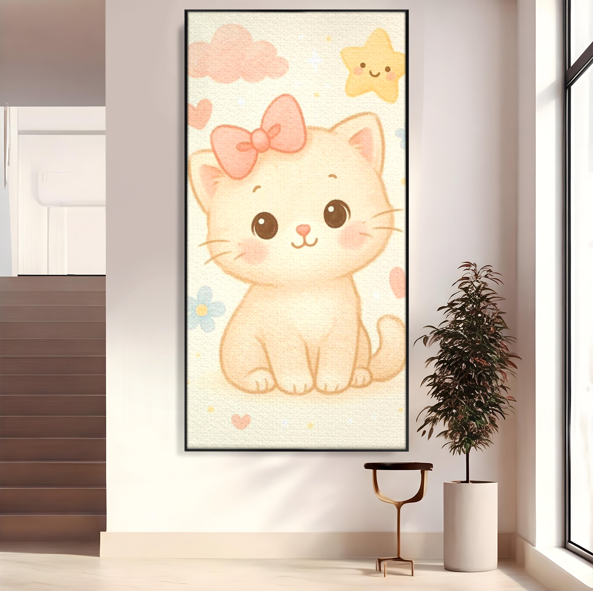 Tablou canvas cu ilustratie cu pisicuta roz si steluta, in rama de aluminiu negru