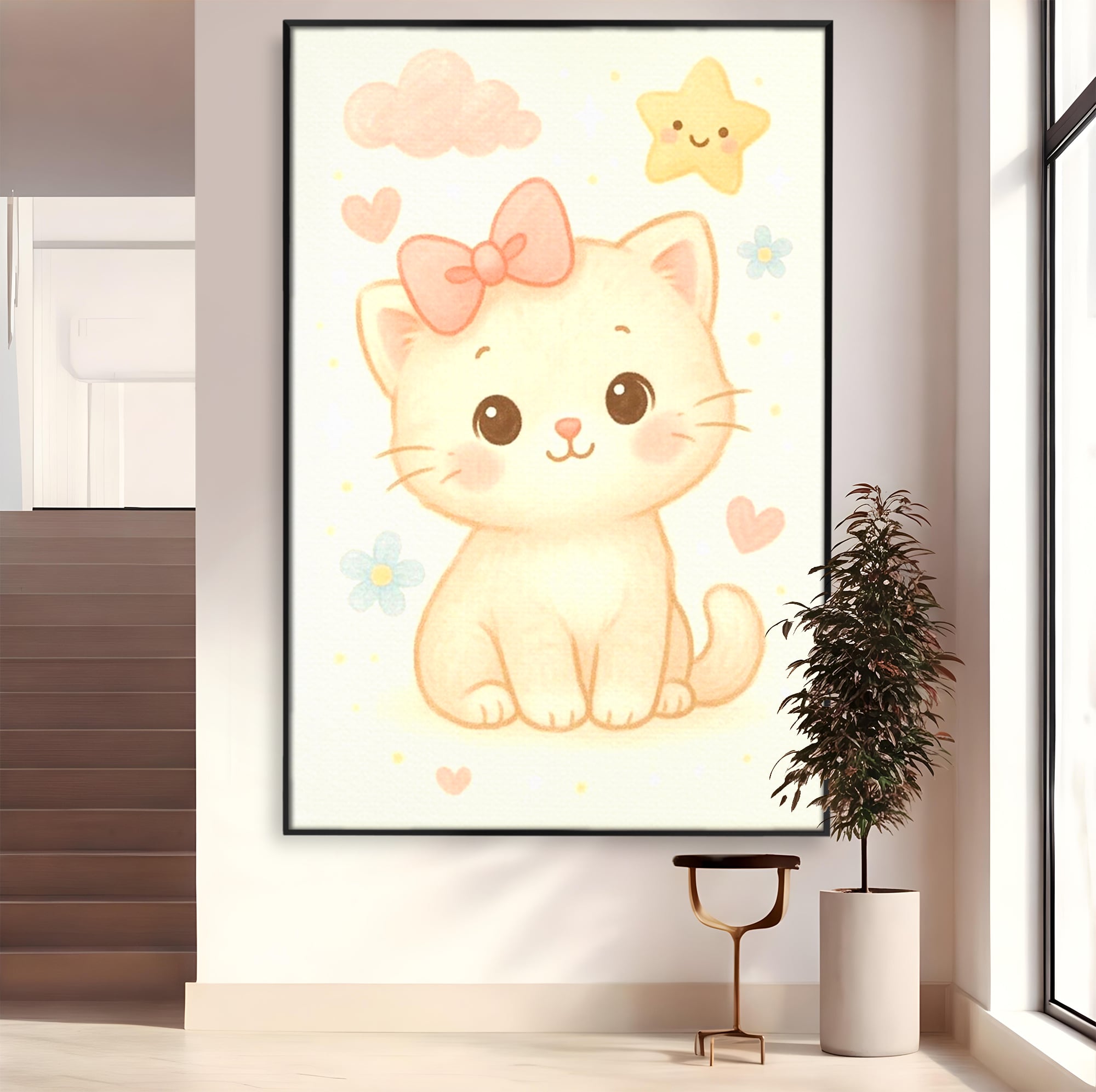 Tablou canvas cu ilustratie cu pisicuta roz si steluta, in rama de aluminiu negru
