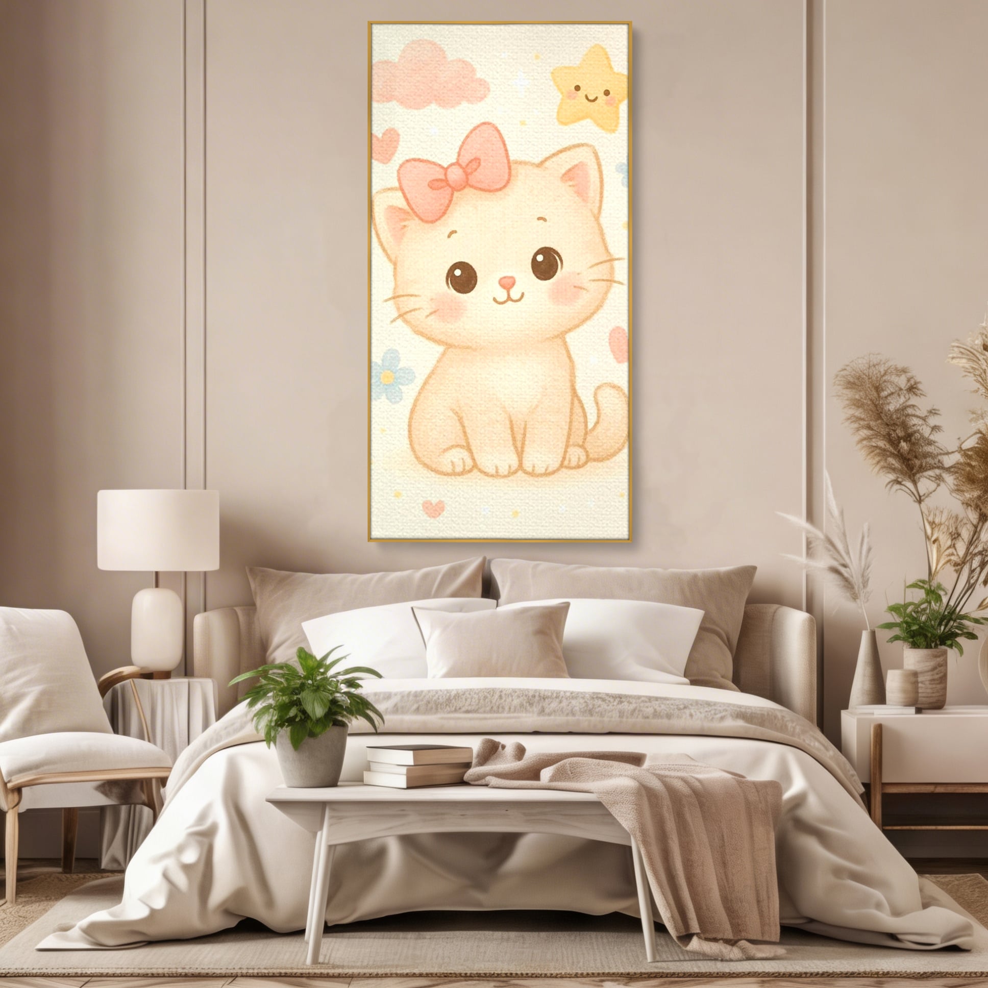 Tablou canvas cu ilustratie cu pisicuta roz si steluta, in rama de aluminiu auriu, pe perete intr-un dormitor