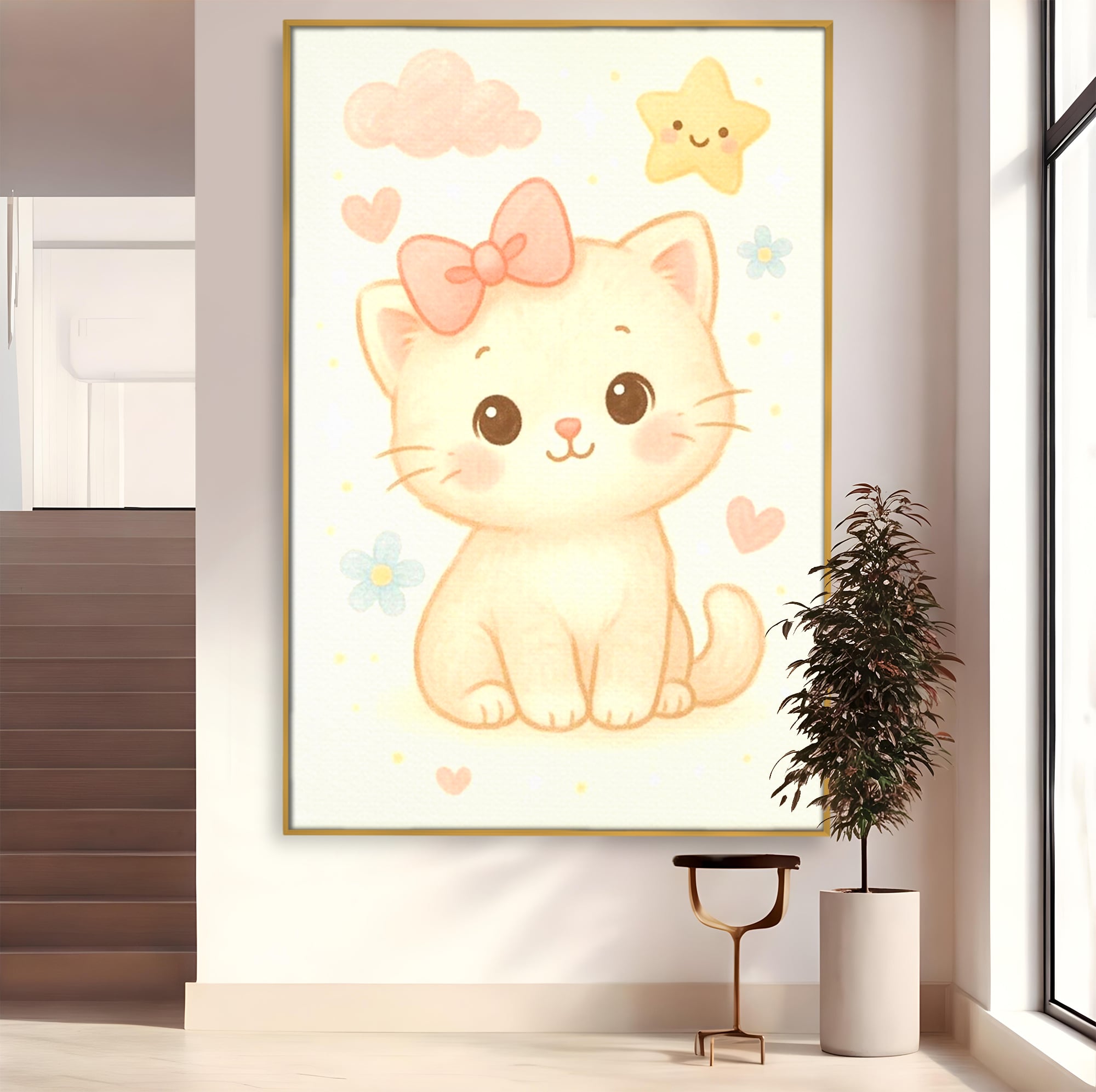 Tablou canvas cu ilustratie cu pisicuta roz si steluta, in rama de aluminiu auriu