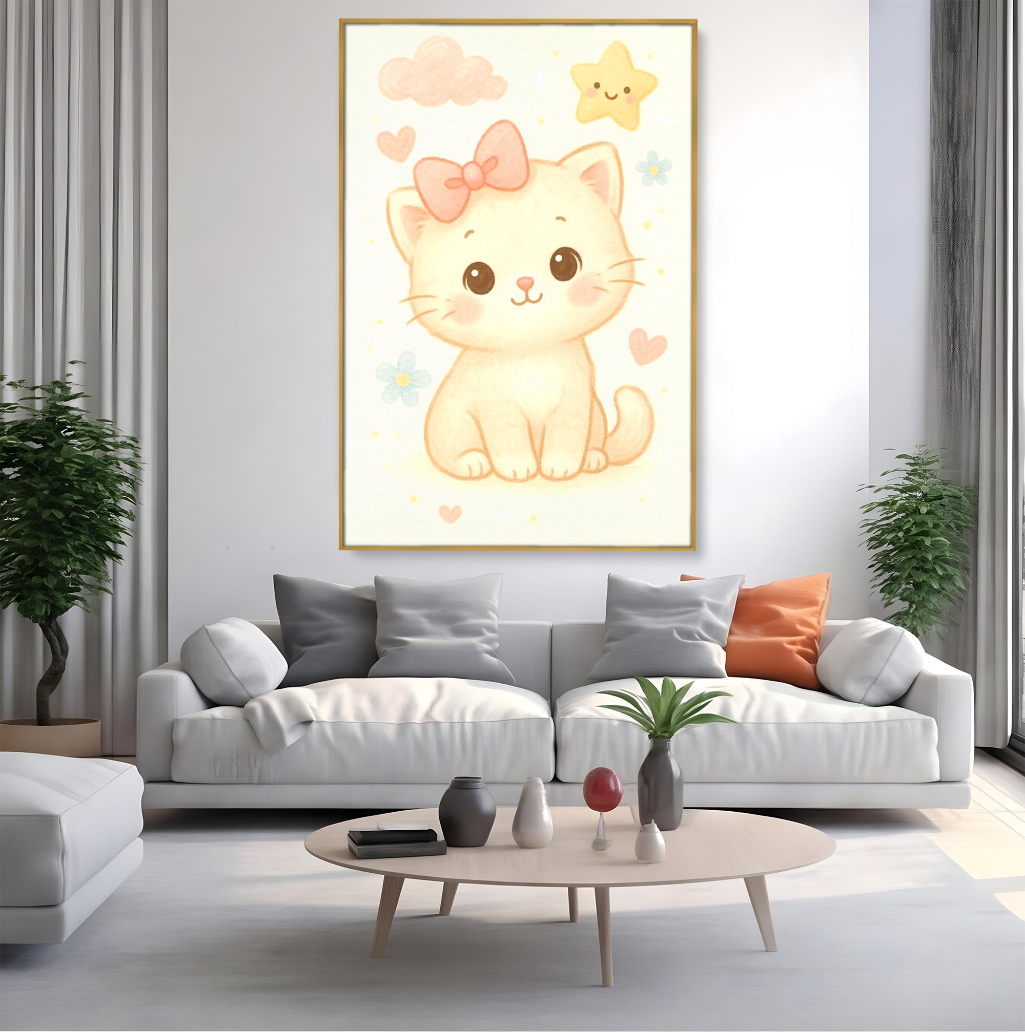 Tablou canvas cu ilustratie cu pisicuta roz si steluta, in rama de aluminiu auriu, pe perete intr-un living