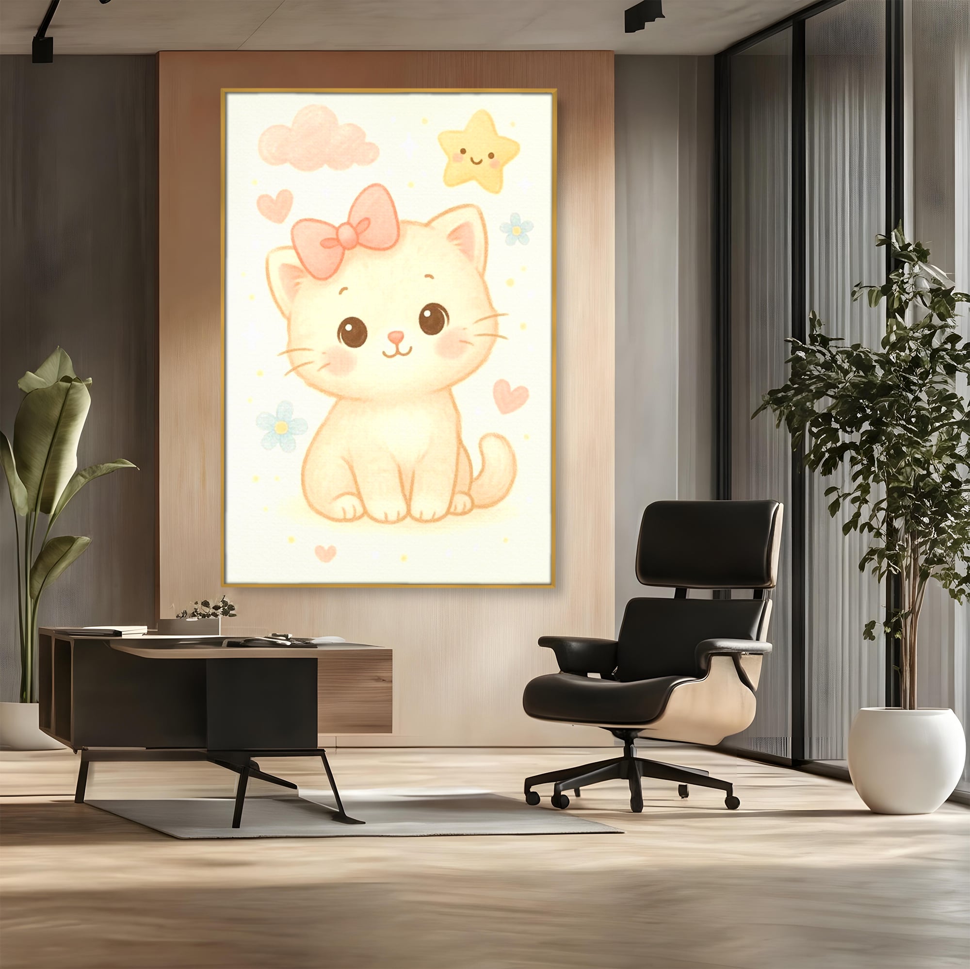 Tablou canvas cu ilustratie cu pisicuta roz si steluta, in rama de aluminiu auriu, pe perete intr-un birou