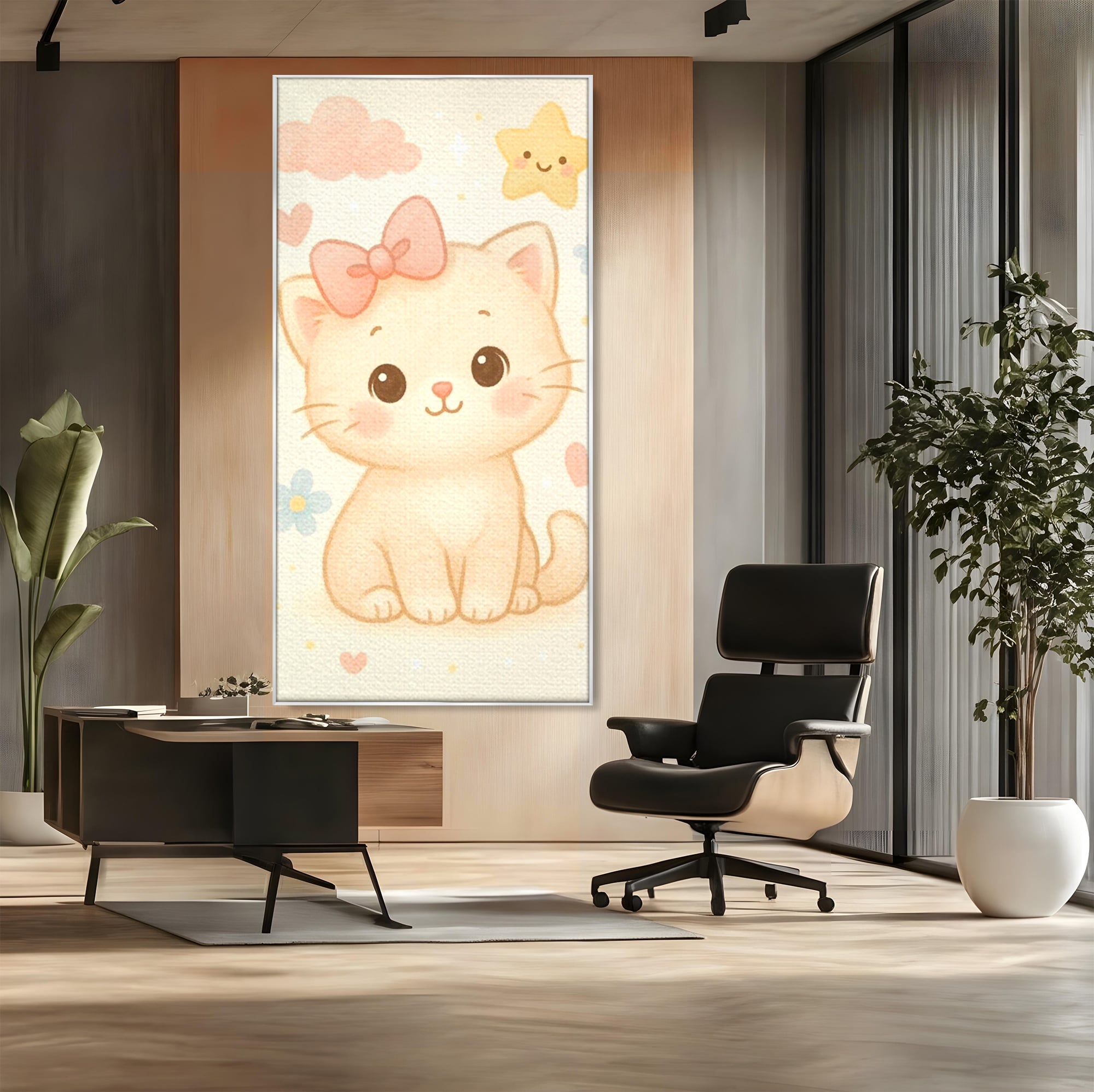 Tablou canvas cu ilustratie cu pisicuta roz si steluta, in rama de aluminiu argintiu, pe perete intr-un birou