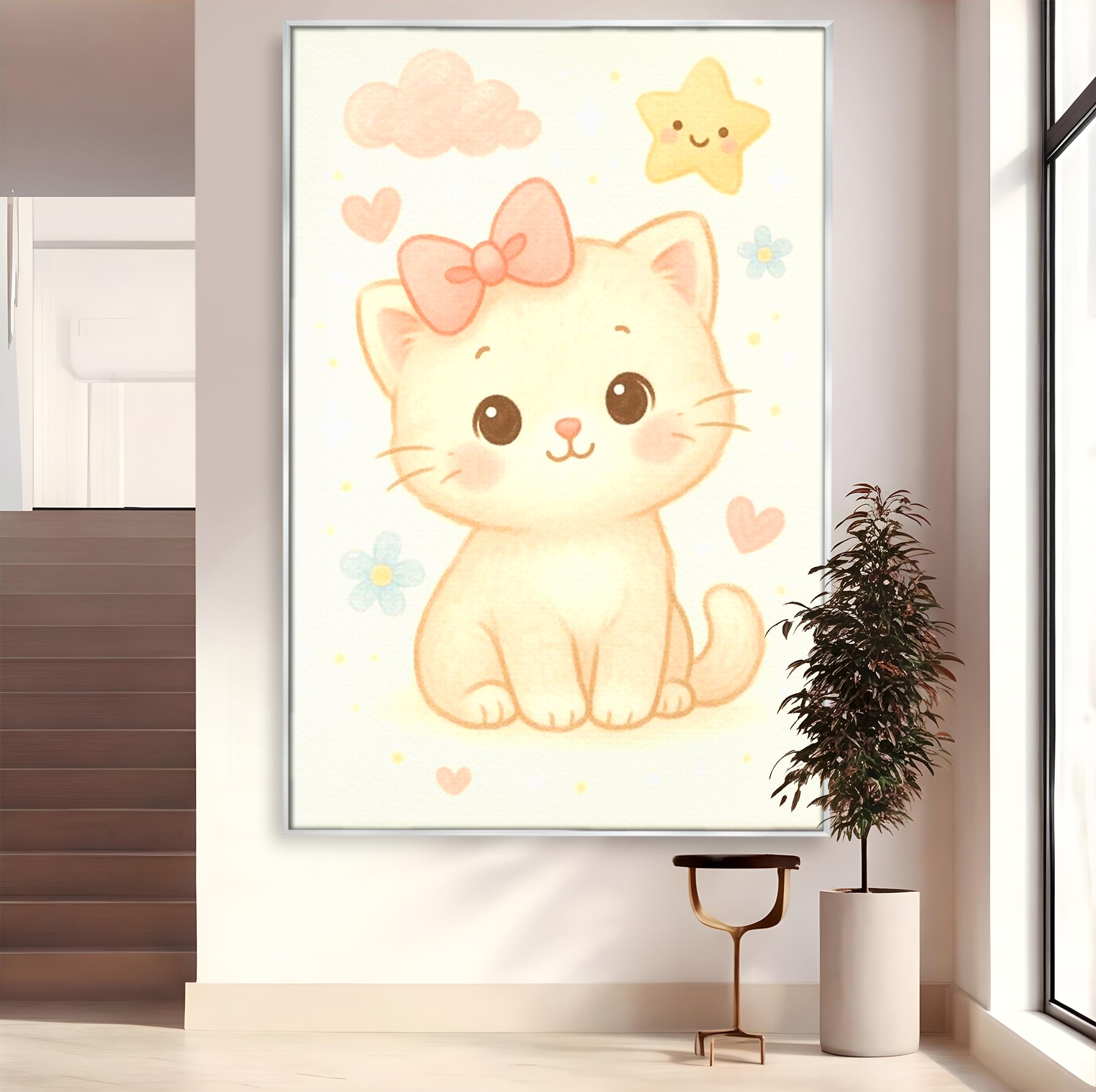Tablou canvas cu ilustratie cu pisicuta roz si steluta, in rama de aluminiu argintiu