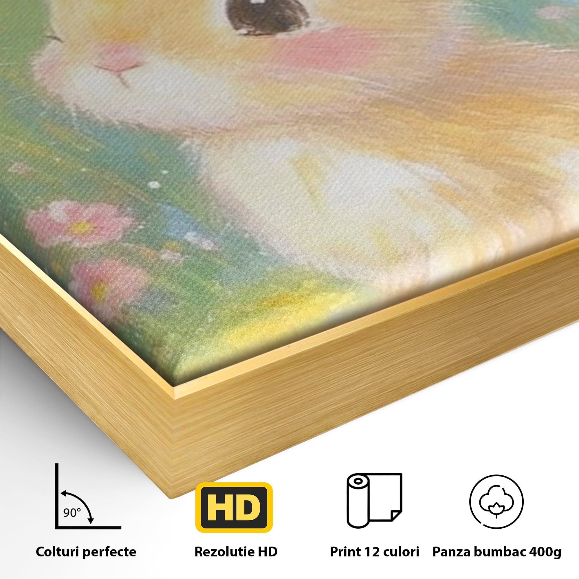 Detaliu al suprafetei: tablou canvas cu iepuras printre flori, in rama de aluminiu auriu