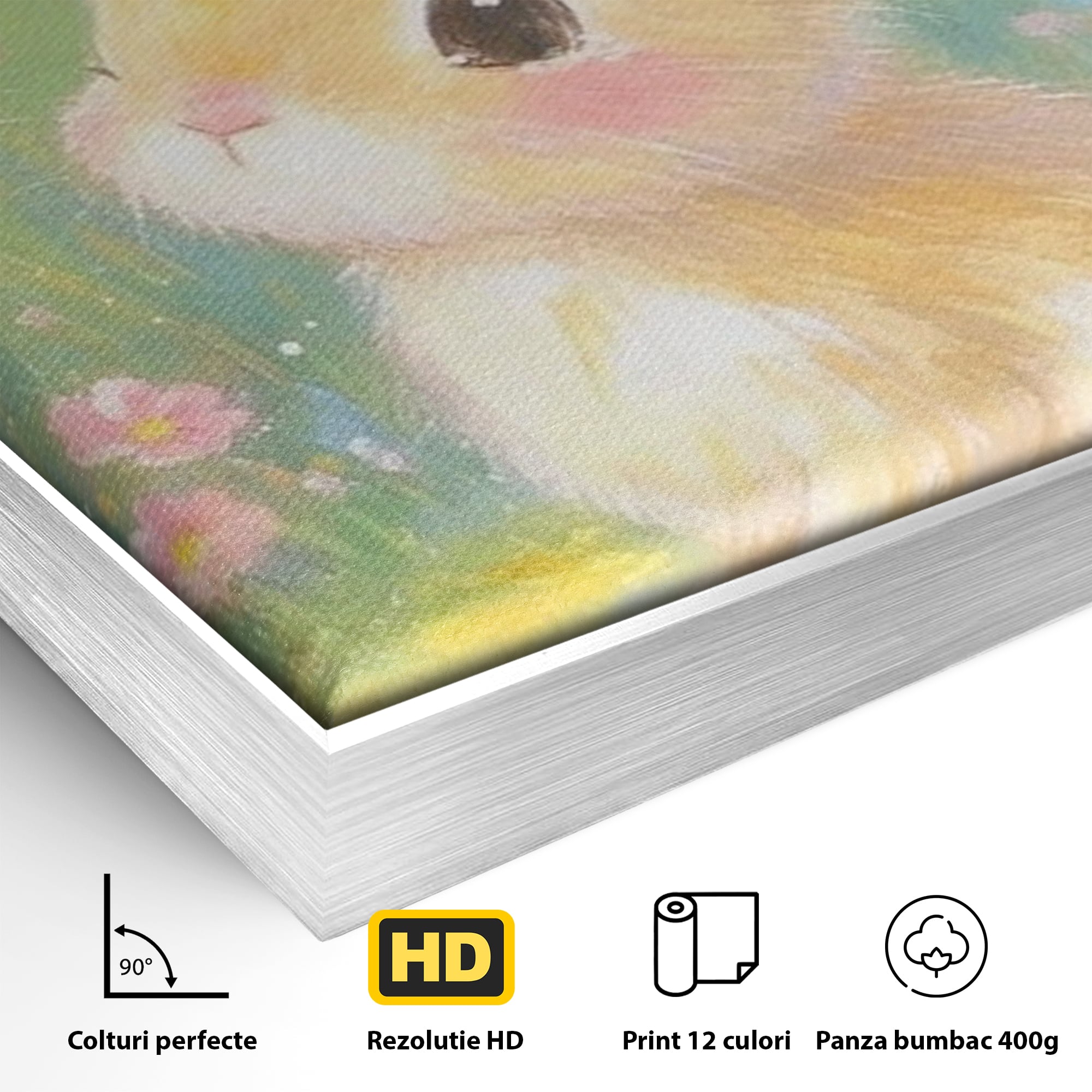 Detaliu al suprafetei: tablou canvas cu iepuras printre flori, in rama de aluminiu argintiu