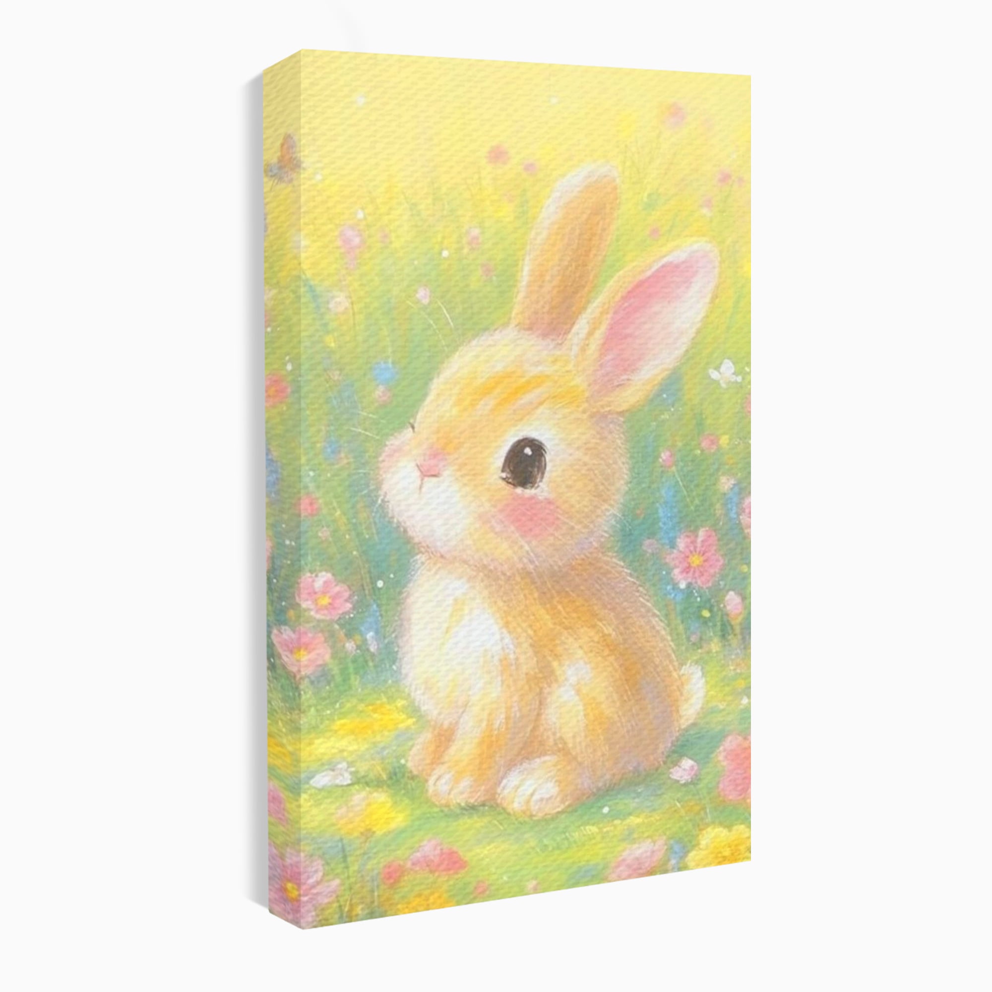Tablou canvas cu tablou canvas cu iepuras printre flori, fara rama, pe sasiu de lemn