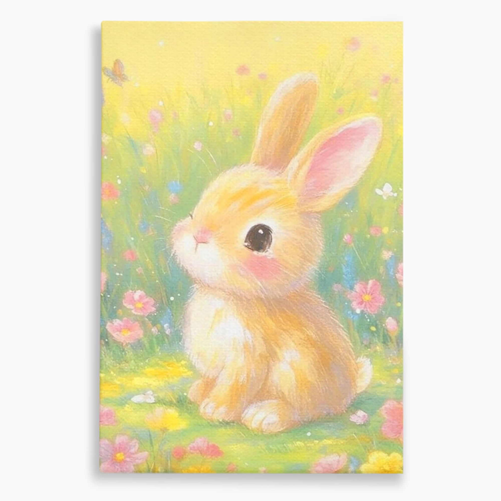 Tablou canvas cu tablou canvas cu iepuras printre flori, fara rama, pe sasiu de lemn
