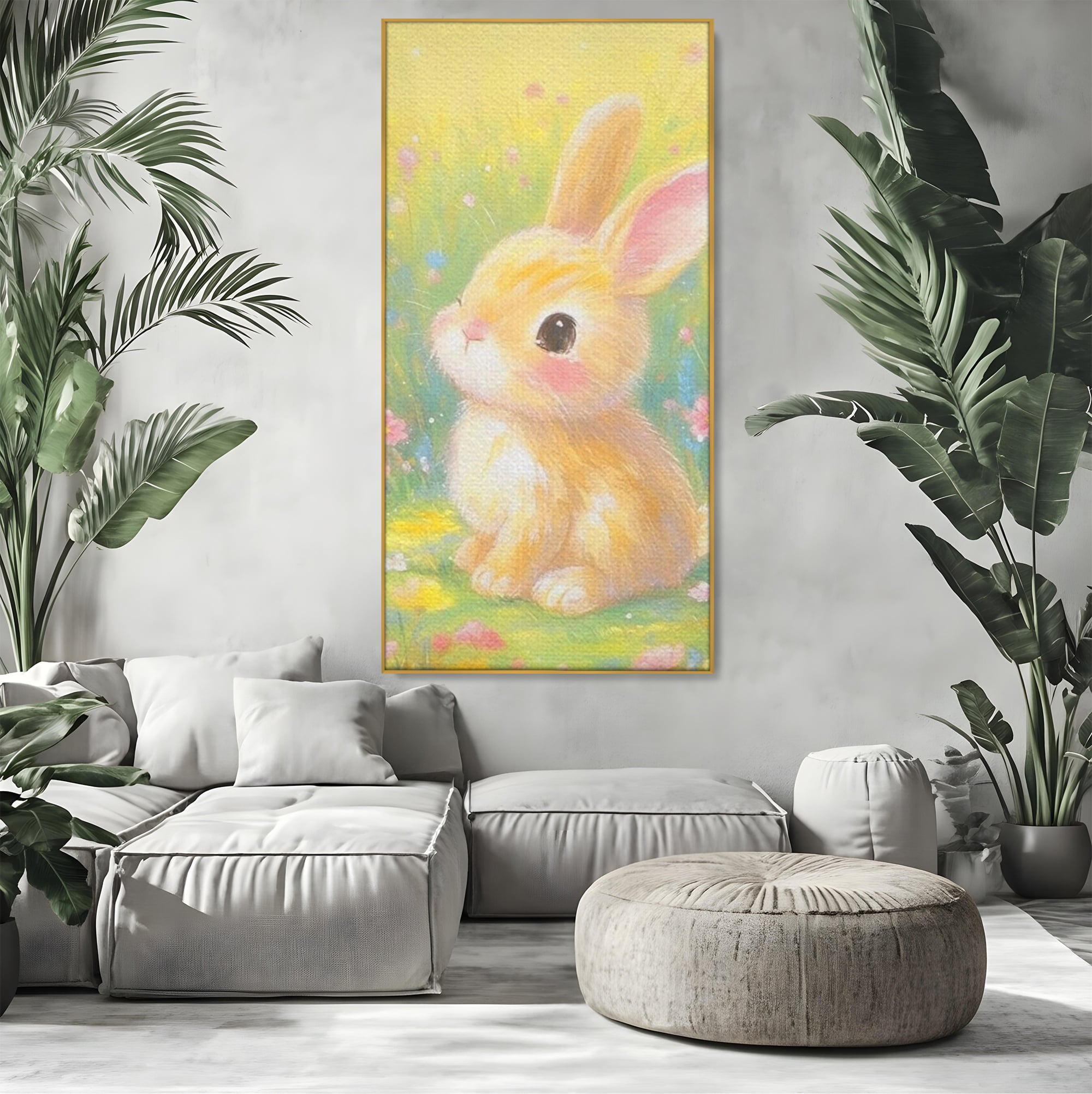 Tablou canvas cu tablou canvas cu iepuras printre flori, in rama de aluminiu auriu, pe perete intr-un living