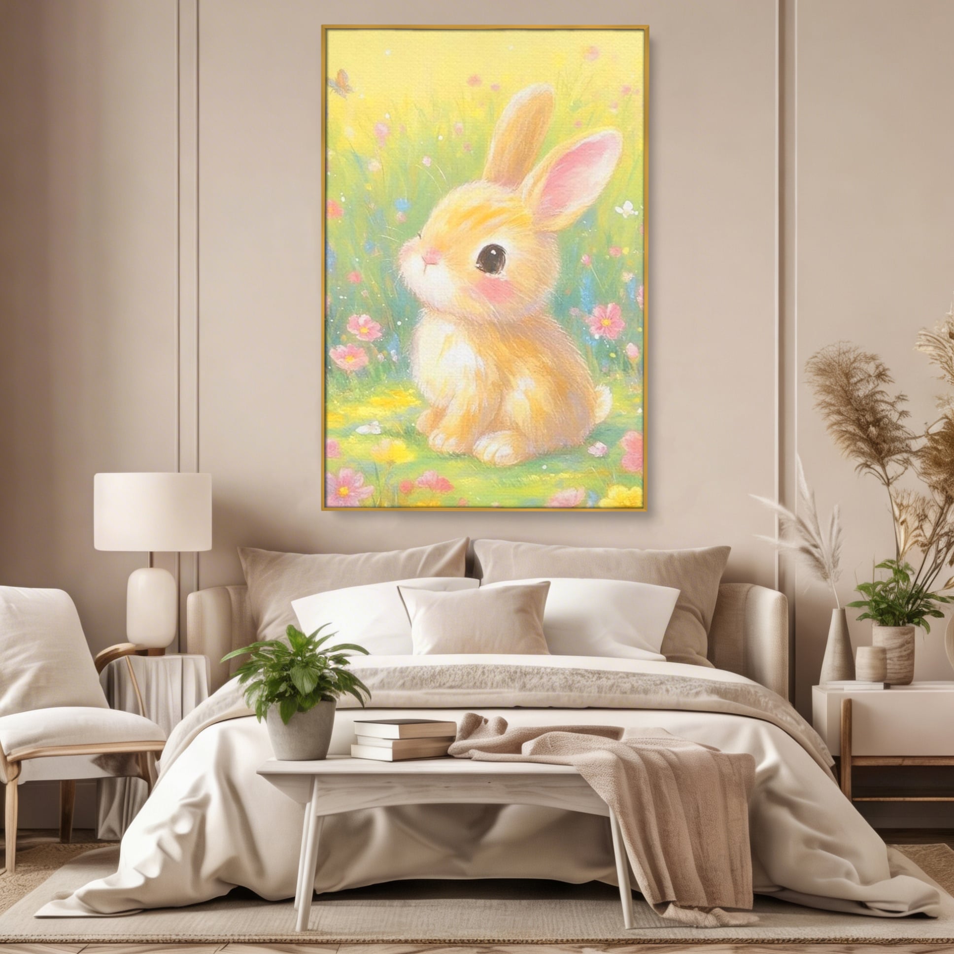 Tablou canvas cu tablou canvas cu iepuras printre flori, in rama de aluminiu auriu, pe perete intr-un dormitor