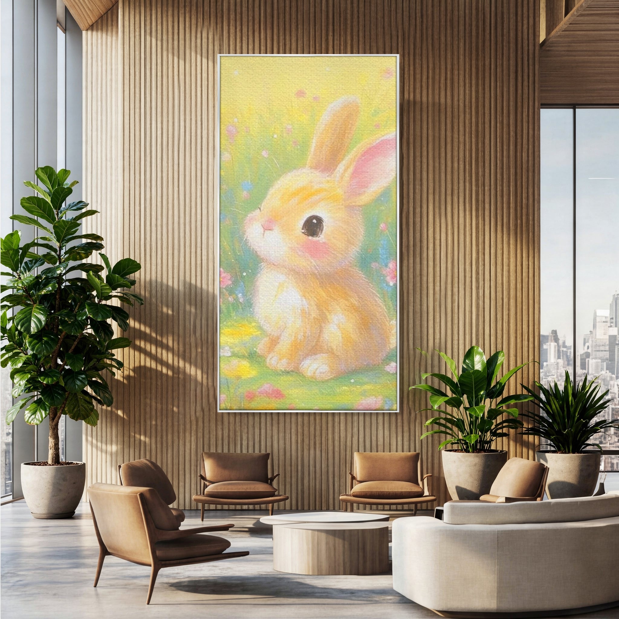 Tablou canvas cu tablou canvas cu iepuras printre flori, in rama de aluminiu argintiu, pe perete intr-un birou