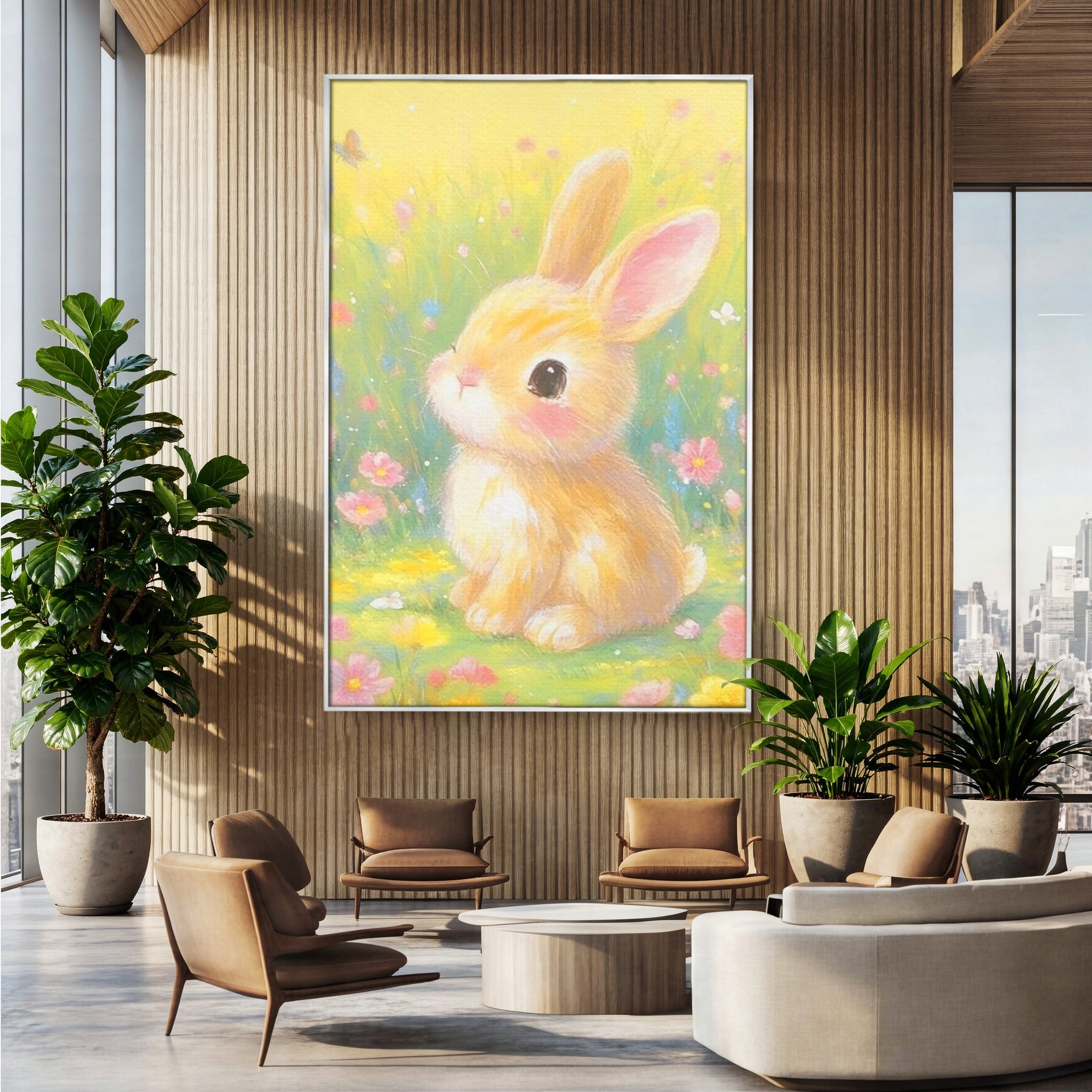 Tablou canvas cu tablou canvas cu iepuras printre flori, in rama de aluminiu argintiu, pe perete intr-un birou