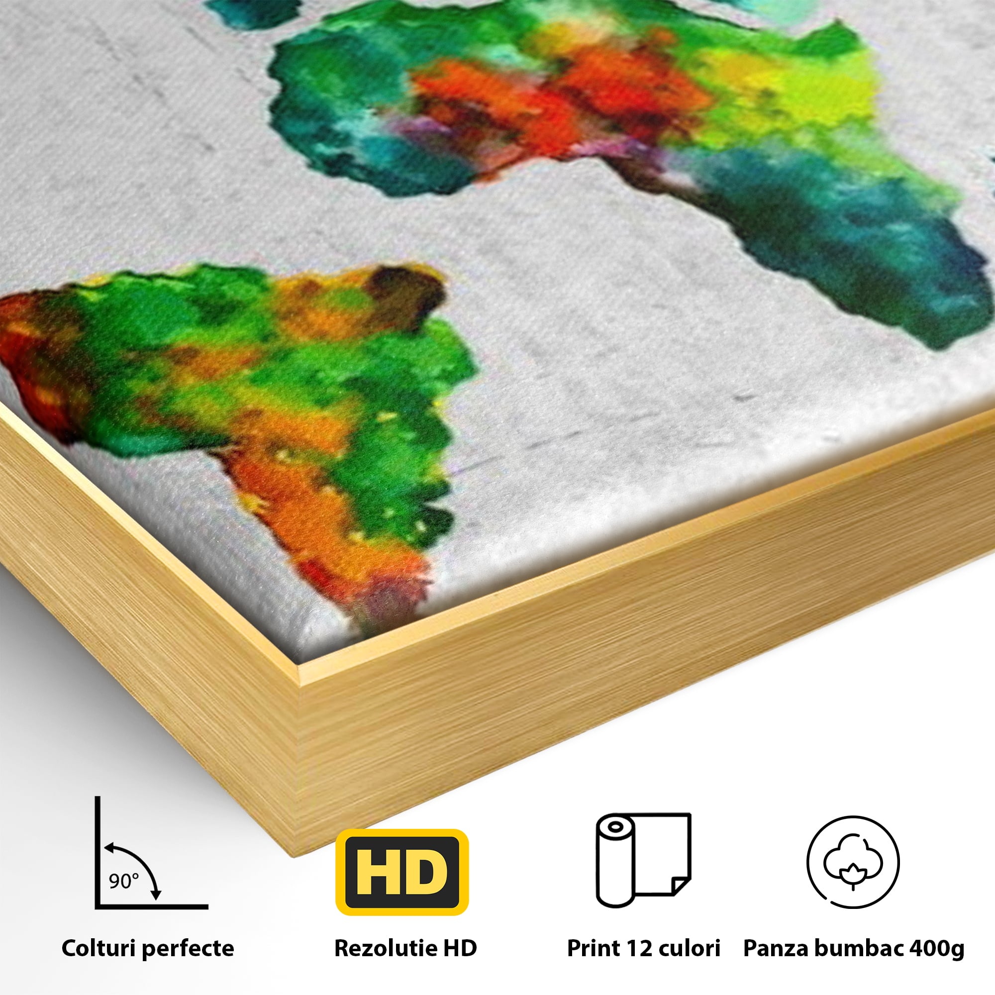 Detaliu al suprafetei: tablou canvas cu harta lumii pictata in culori vibrante, in rama de aluminiu auriu