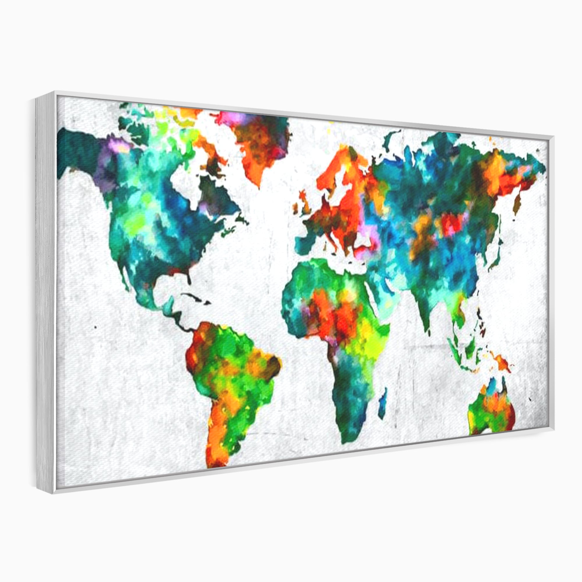 Tablou canvas cu tablou canvas cu harta lumii pictata in culori vibrante, in rama de aluminiu argintiu