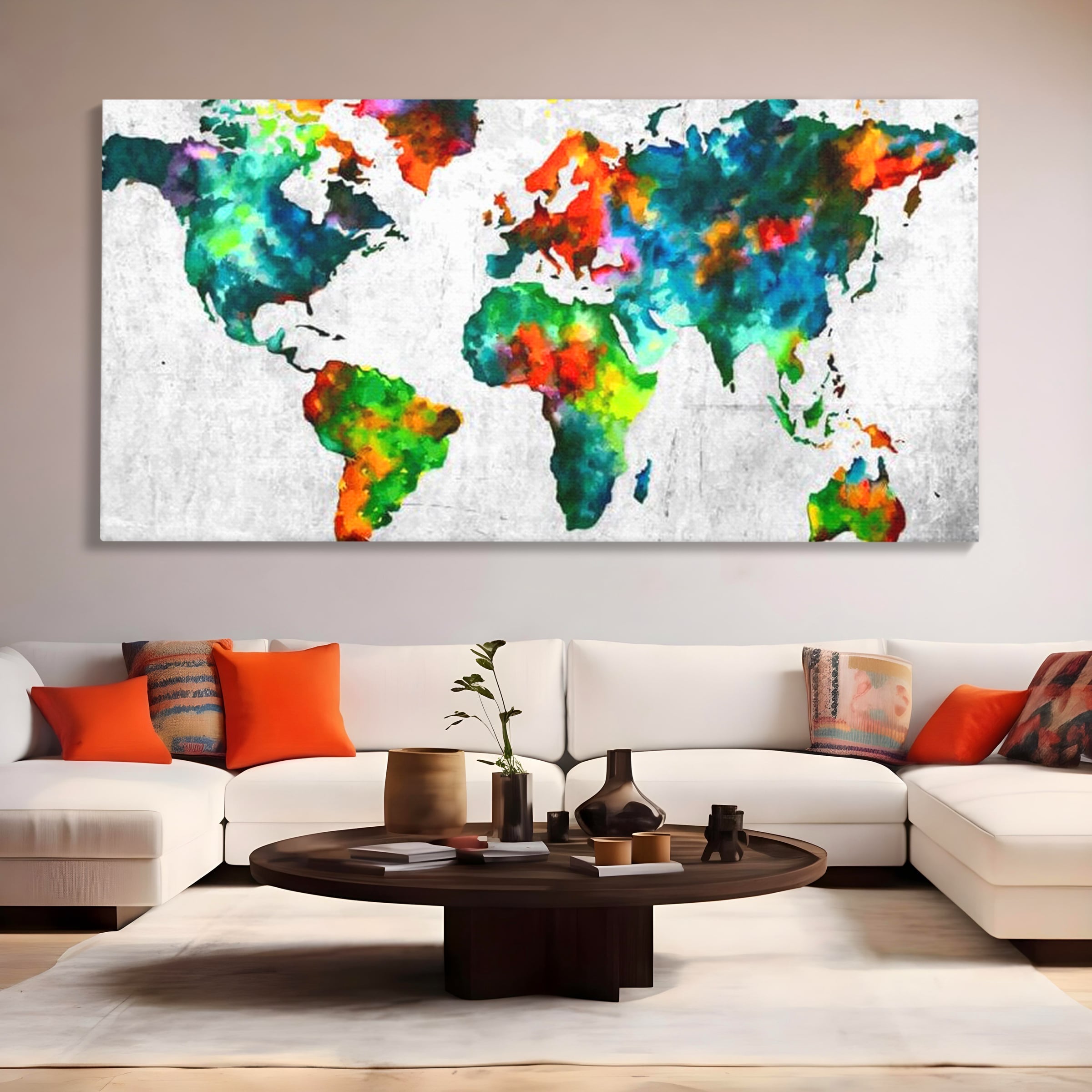 Tablou canvas cu tablou canvas cu harta lumii pictata in culori vibrante, fara rama, pe sasiu de lemn, pe perete intr-un living