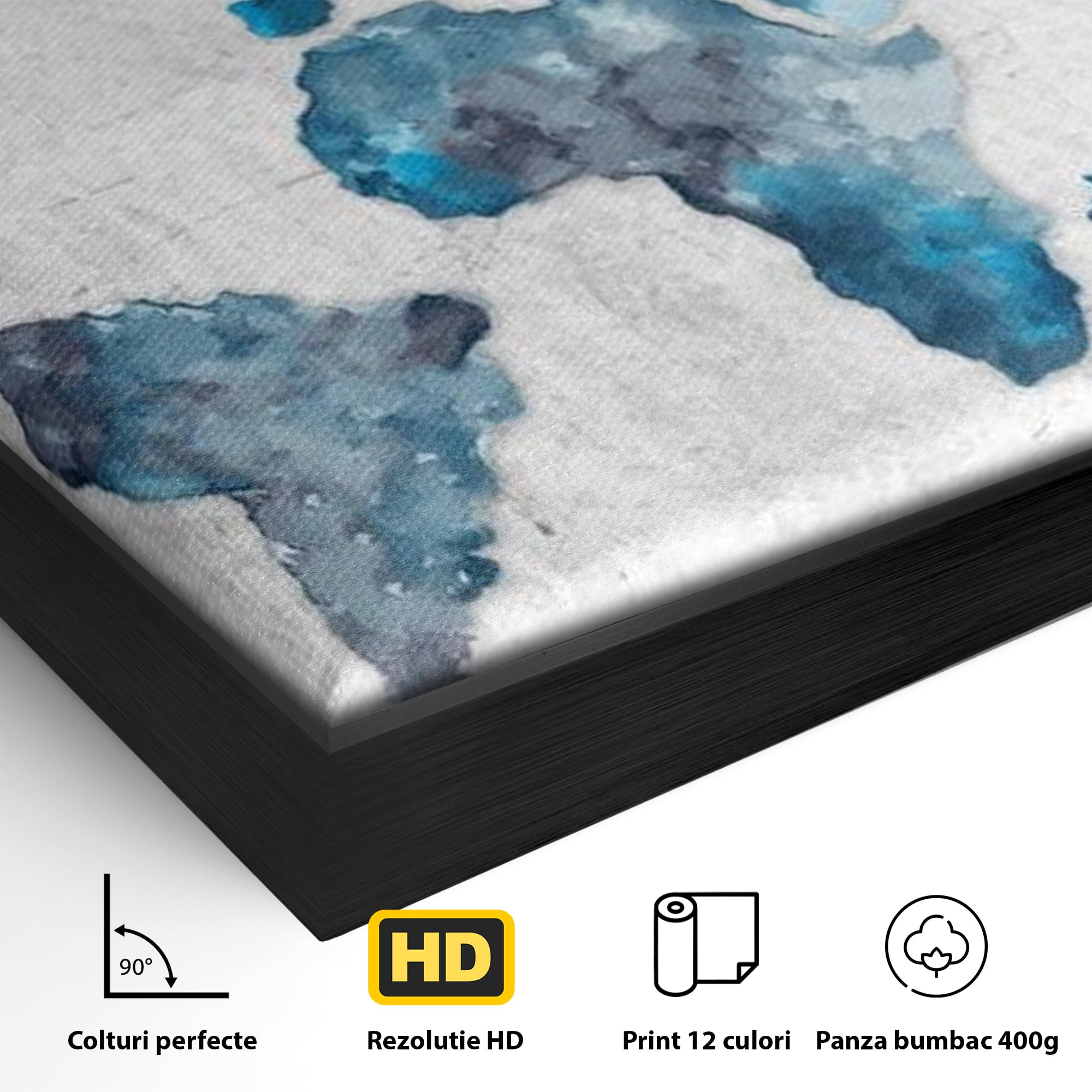 Detaliu al suprafetei: tablou canvas cu harta lumii, in rama de aluminiu negru