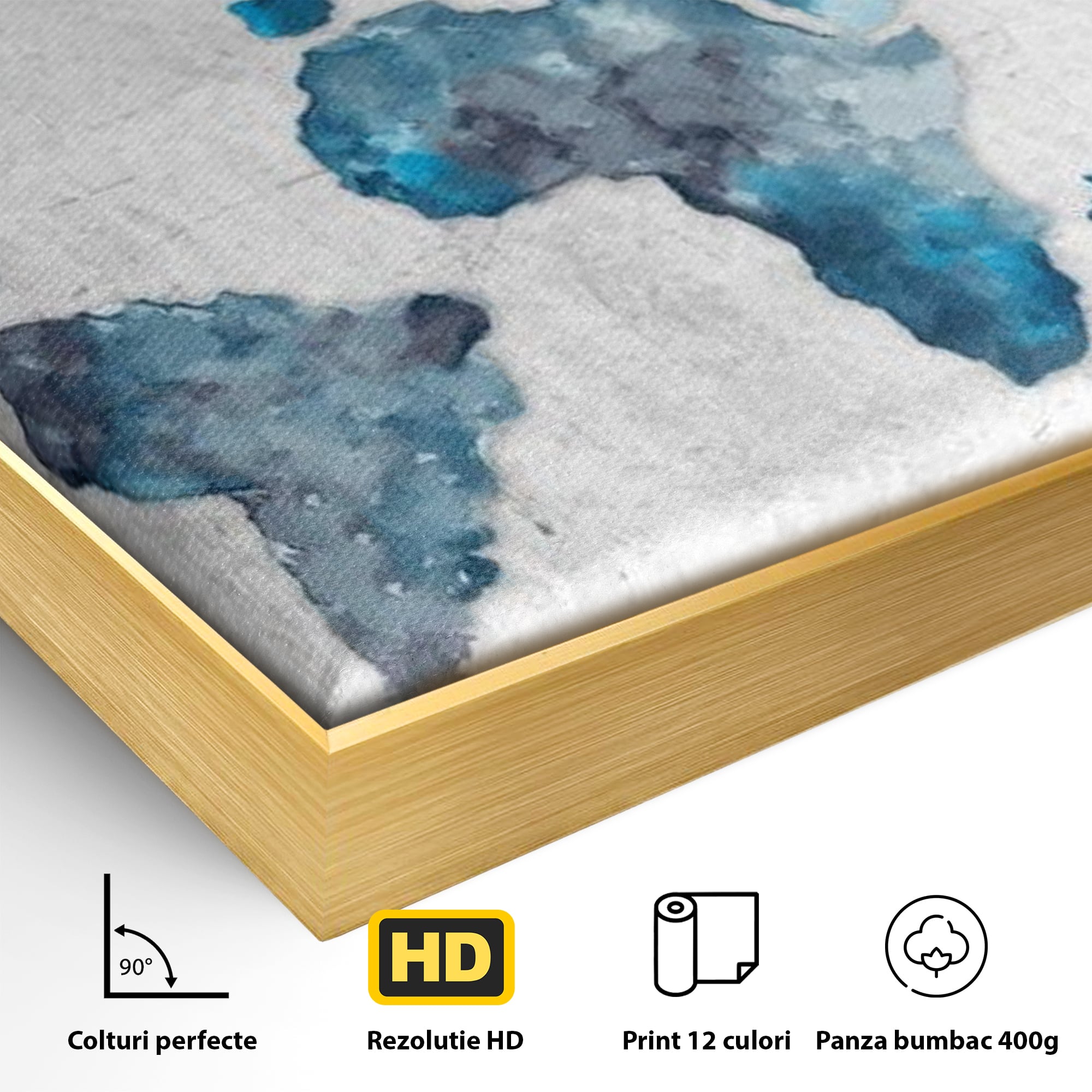 Detaliu al suprafetei: tablou canvas cu harta lumii, in rama de aluminiu auriu